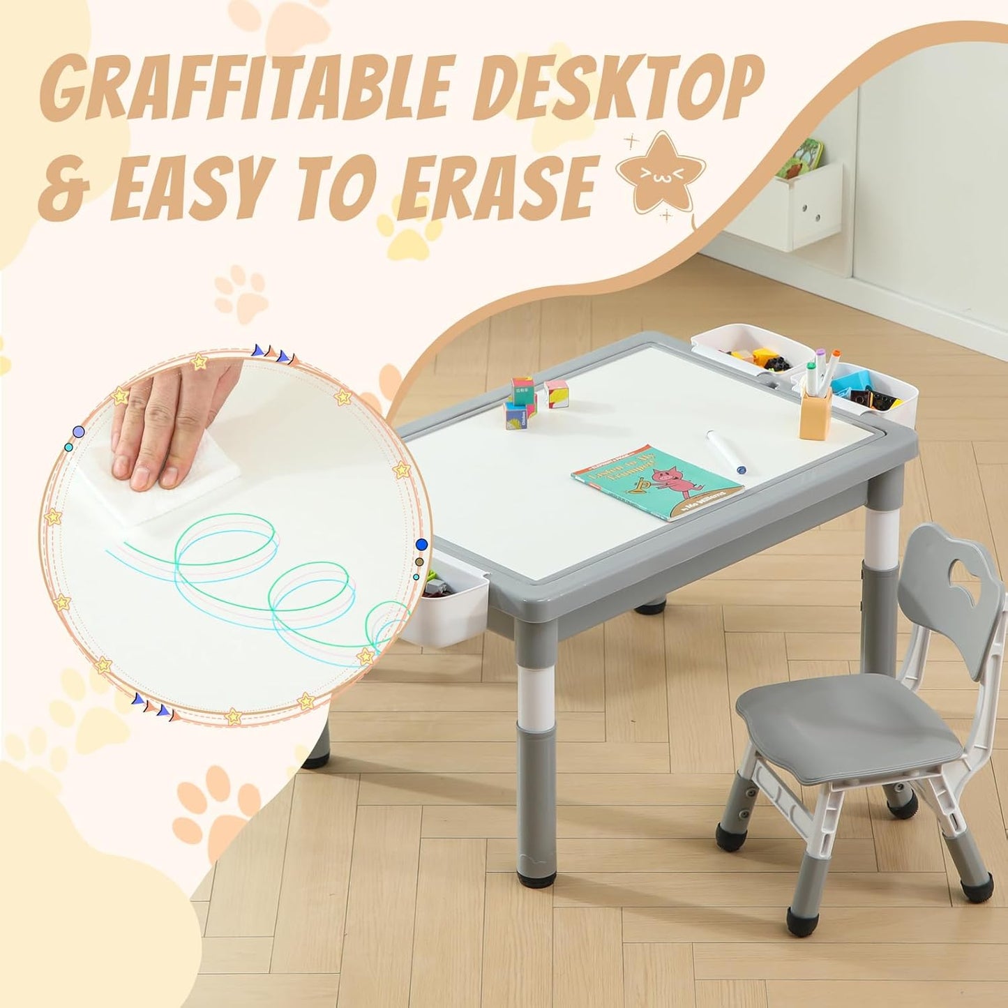 Multi Functional Kids Table and 2 Chairs Set, Graffiti & Building Blocks Double-Sided Tabletop, Toddler Play Table with Drawers, Large Storage Space, Gift for Boys/Girls, Gray