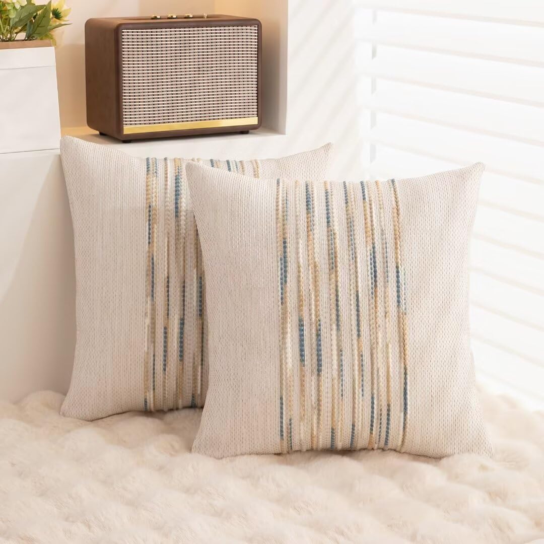 Boho Throw Pillow Covers 18x18 Set of 2 Farmhouse Decorative Cushion Case Striped Square Pillows Cover Chenille Pillow Cases Accent Neutral Pillowcase for Sofa Couch Bed,Yellow-Blue