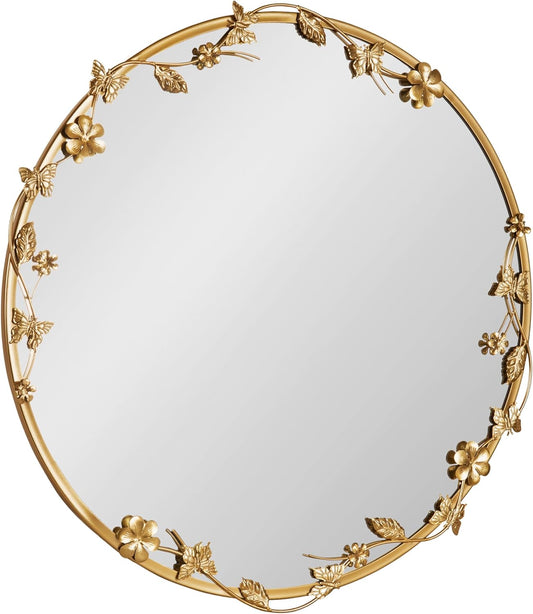 Kate and Laurel Rosella Modern Ornate Round Wall Mirror, 26 Inch Diameter, Gold, Circle Mirror with Floral Detailing for Use as Bathroom Mirror for Over Sink or Cute Nursery Mirror Decor