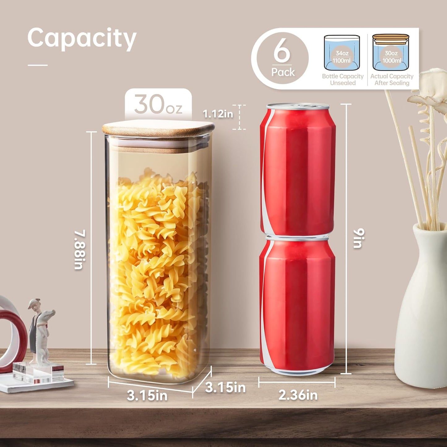 Square Glass Jars with Bamboo Lids 30 FL OZ [Set of 6], Glass Canisters with Airtight Lid, Glass Food Storage Container for Pasta, Flour, Sugar, Rice, Best for Kitchen & Pantry