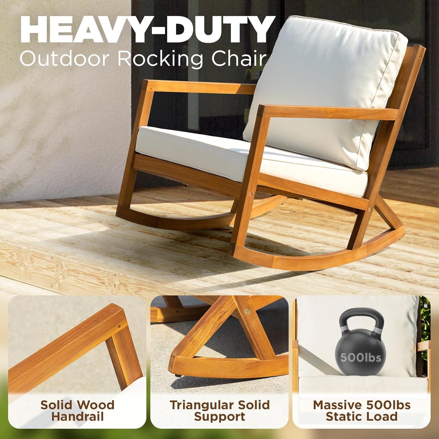 IDZO Club Rocking Chair 500lbs Capacity with Inclined Backrest, Thick Foam Cushion, Solid Acacia Wood Rocker for Patio, Backyard, Balcony, Porch