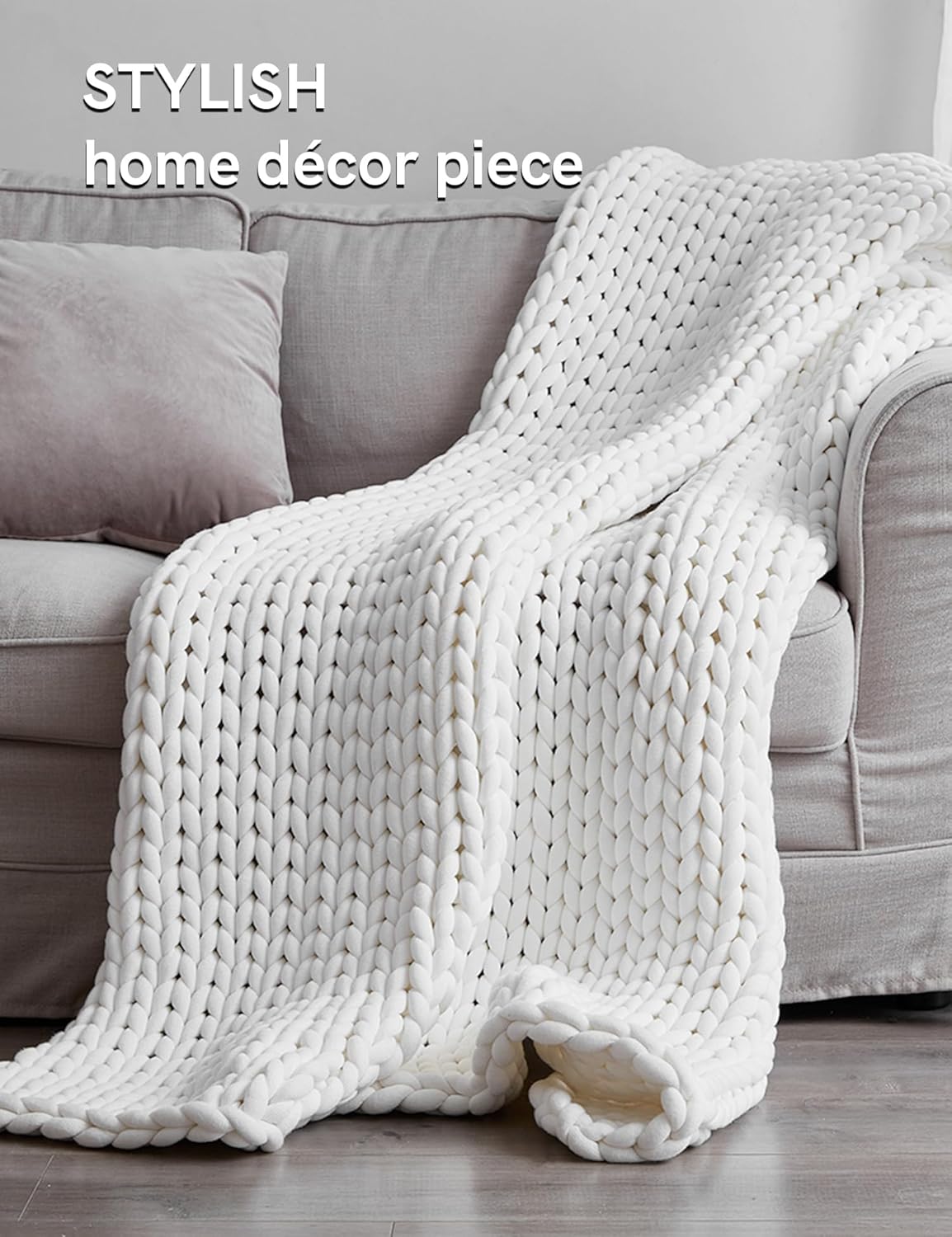 YnM Chunky Throw Blanket, Medium-Weight, Hand Knitted, Skin Friendly, Ventilated and Breathable, Machine Washable, Home Décor Piece for Couch, Sofa and Bed (White, 60x80 Inch)