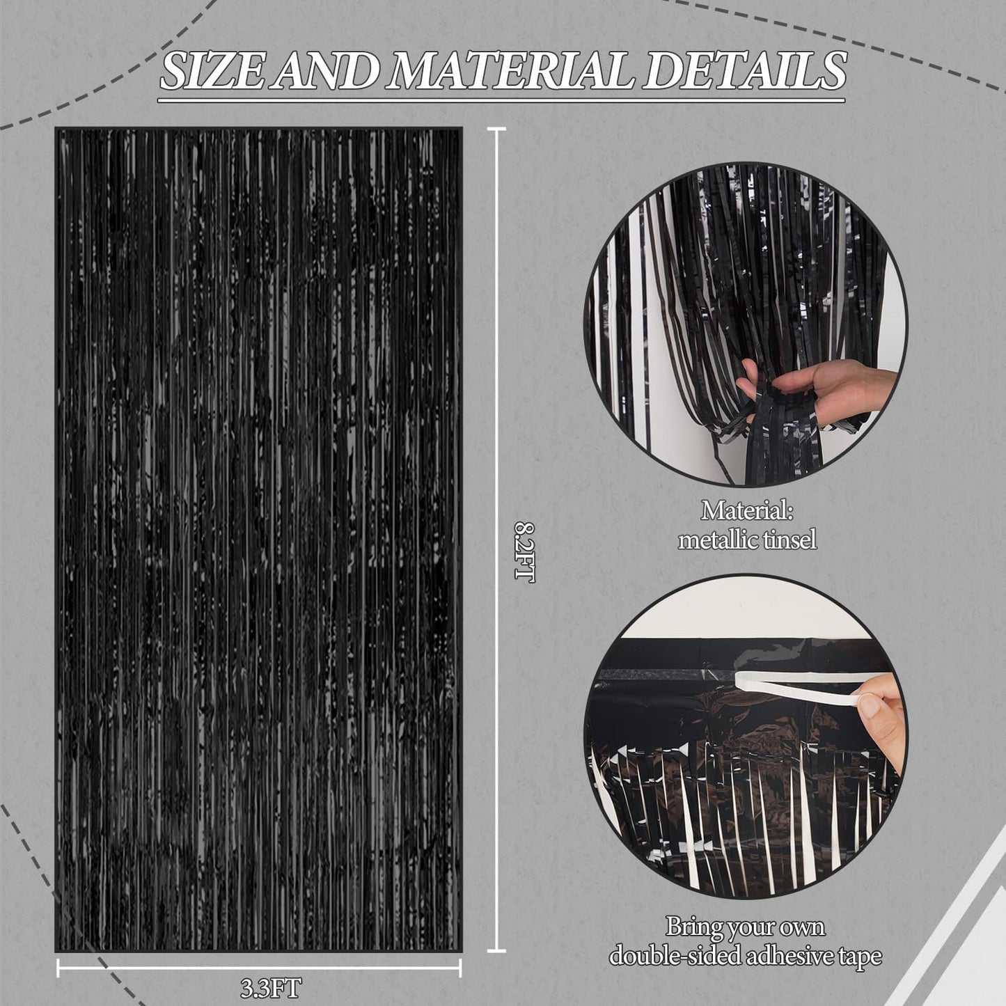 3 Pack Foil Fringe Backdrop - Black Shiny Tinsel Curtains for Party Decoration/Photo Booth Props - 3.3x8.2 FT Metallic Foil Backdrop for Birthday, Wedding, Graduation, Christmas.