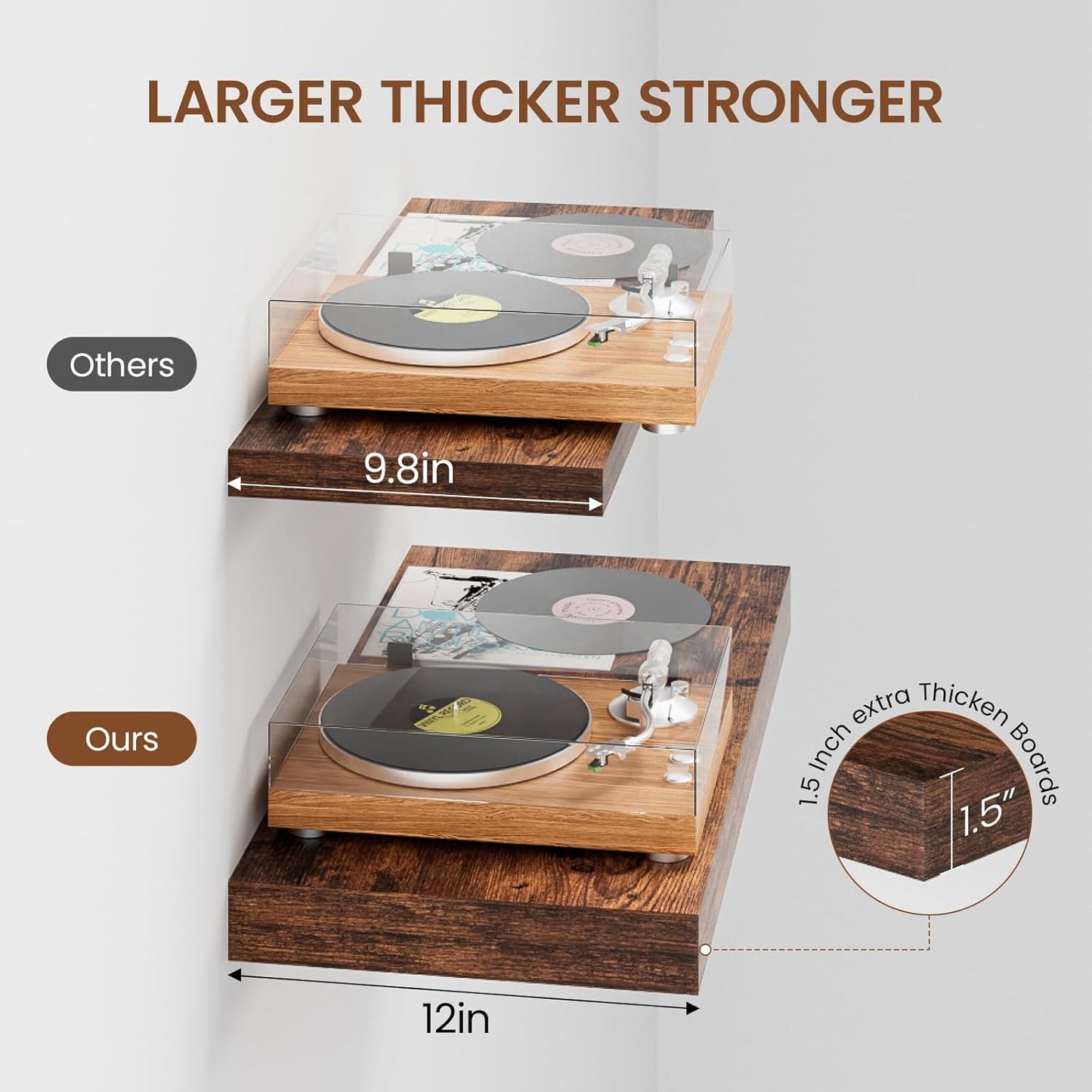 Heimlove 12" Deep Floating Shelves for Wall, 24 Inch Wall Shelf Bathroom Shelves Set of 2, Wall Mounted Shelves for Books Living Room Laundry Room Bedroom Kitchen Home Office, Rustic Brown