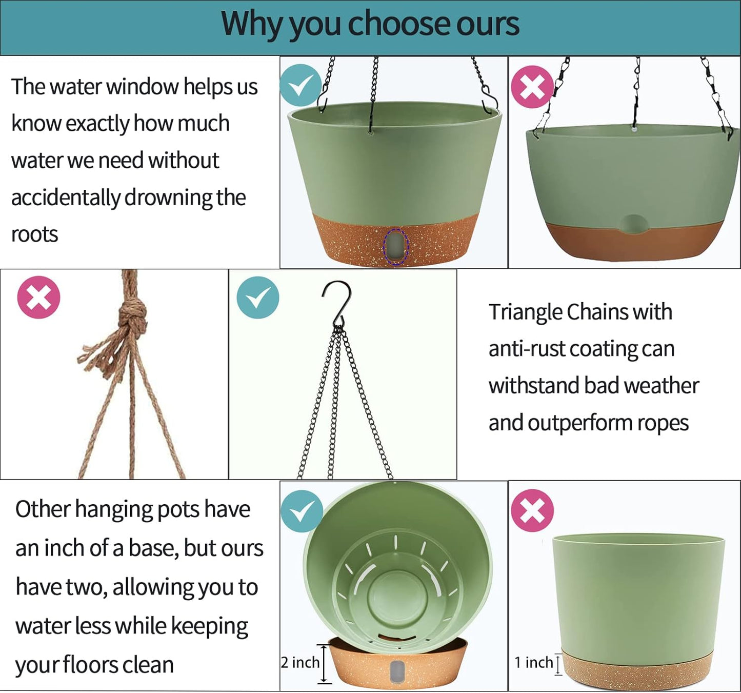 2 Pack Hanging Planters, 10 inch Indoor Outdoor Hanging Plant Pot Basket, Hanging Plastic Flower Pot with Drainage Hole with Removable Tray&Hooks for Hanging Plants,Green