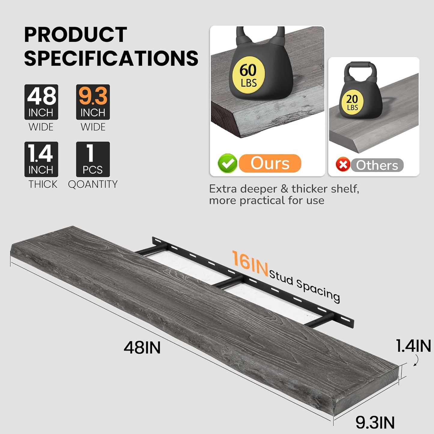 Fun Memories Floating Shelves for Wall, 48"x9.3" Rustic Solid Live-Edge Elm Wood Wall Shelves, Heavy-Duty Floating Shelves with Invisible Brackets for Living Room, Bedroom, and Kitchen, Grey Finish