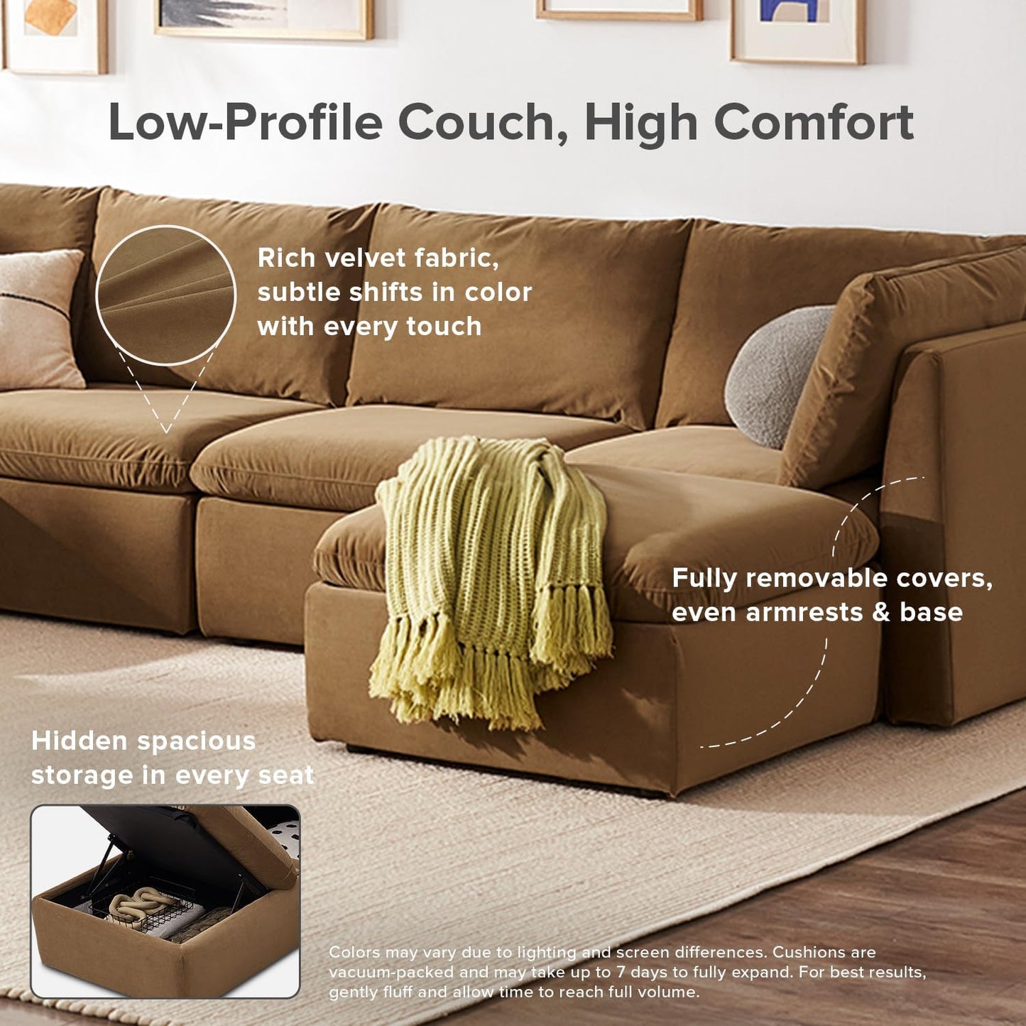 mopio Oversized Modular Sectional Sofa with Fully Removable Covers and Storage, Convertible U, L-Shaped and Sleeper Sectional, Modern Couches with Ottoman Chaise (Hazelnut Velvet, 9 Seats, Sleeper)