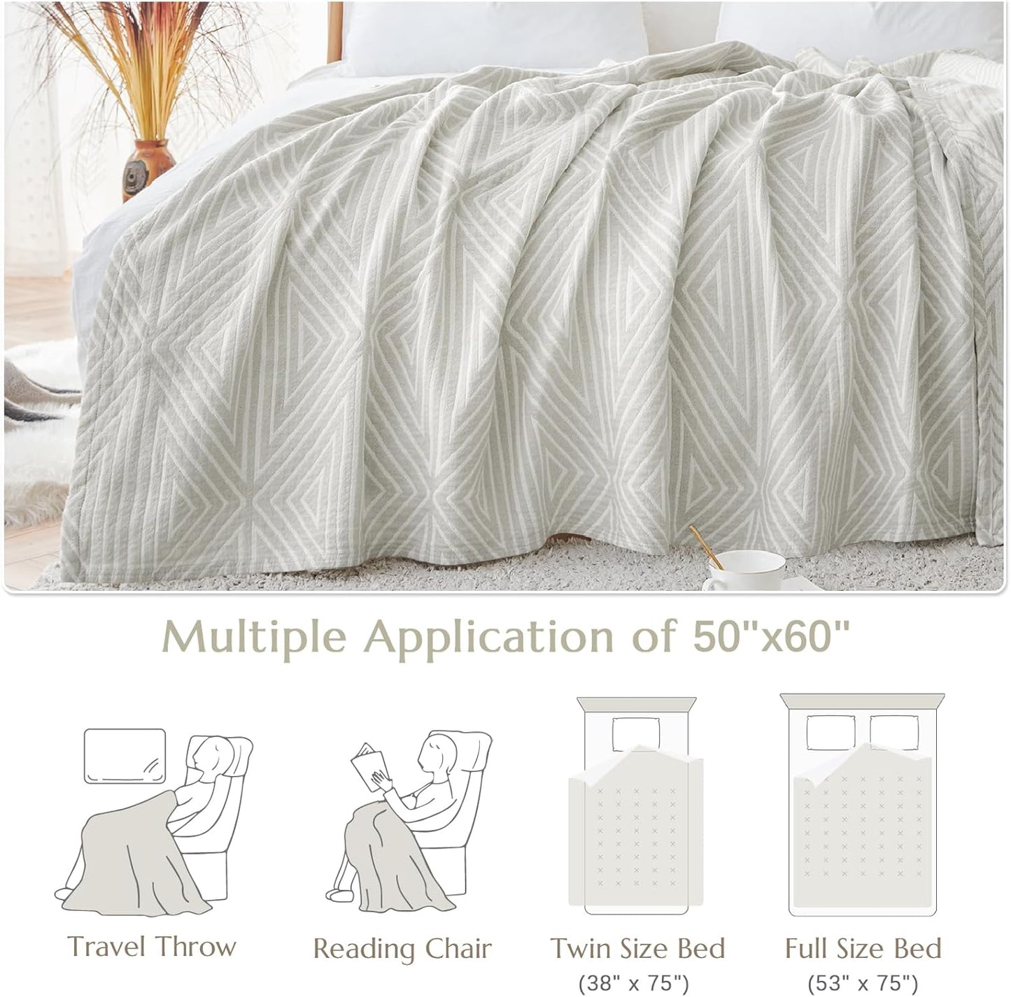 jinchan Boho 100% Cotton Blanket Muslin 50x60 Inches Lightweight 3-Layer Geometric Triangle Striped Pattern Reversible Quilt Throw Soft Breathable Comfy All Seasons for Couch Bed Decor, Light Grey