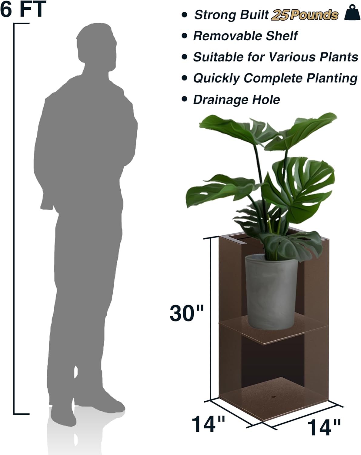 Metallic Heavy Tall Outdoor/Indoor Planter Box 14Lx14Wx30H Inches, Rectangular Tall Planter, Large Flowerpot, ‎25 Pounds, Espresso, No Assembly Required 1 Pack