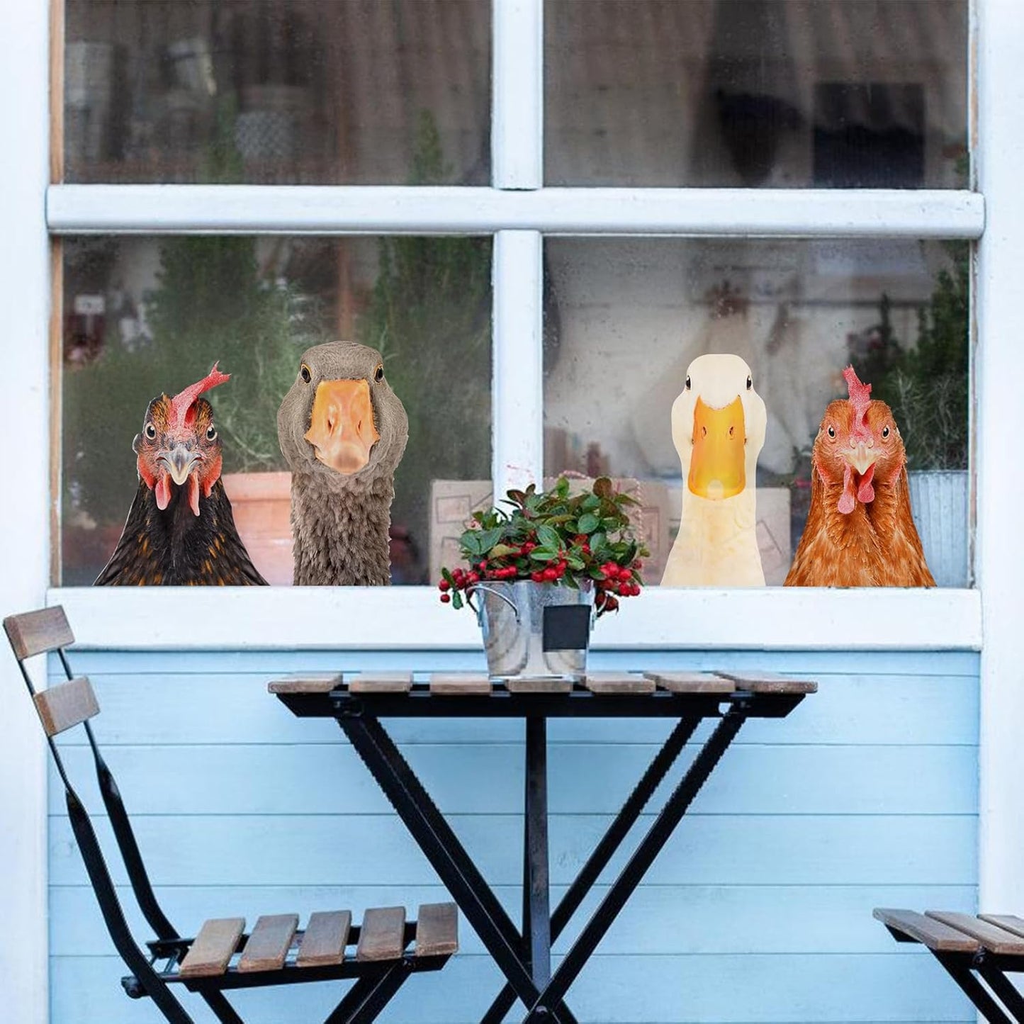 Funny Animal Windows Stickers Decor - 2 Hens Head & 2 Goose Head Window Cling Removable - Cute Animals Window Decals Peel and Stick - Funny Animals Wall Decor for Farmhouse Kitchen Door Refrigerator