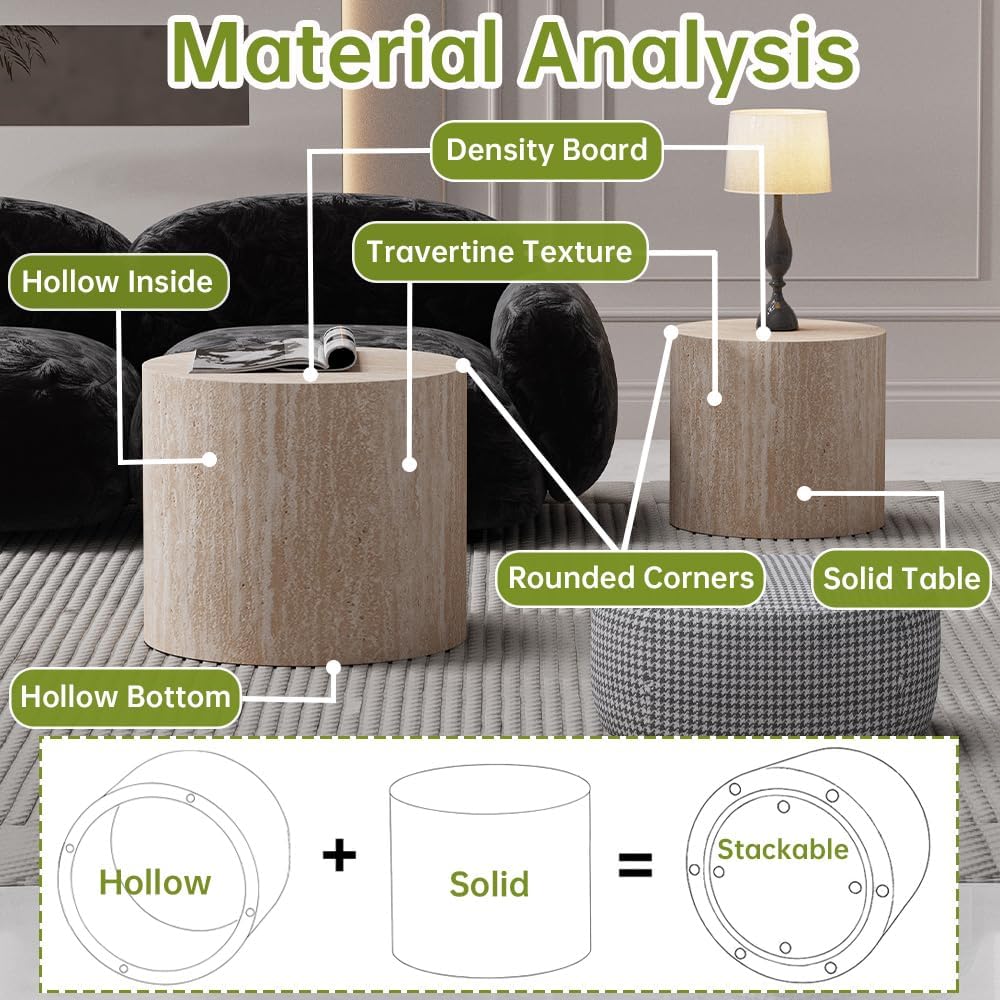 Round Nesting Coffee Tables Modern Travertine Coffee Table Small Round Coffee Tables Circular Side Table Accent End Table Nested Coffee Table Set for Living Room (Travertine)