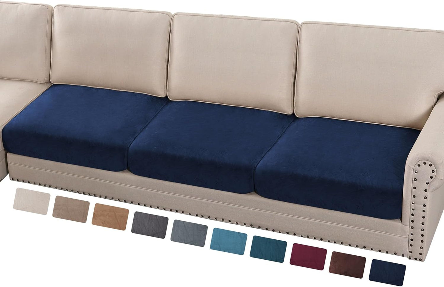 PrinceDeco Velvet Couch Cushion Covers 3 Pieces Velvet Separate Couch Cover Stretch Sofa Slipcover Washable Furniture Protector for Sectional Sofa(Each Width Up to 40", Navy)