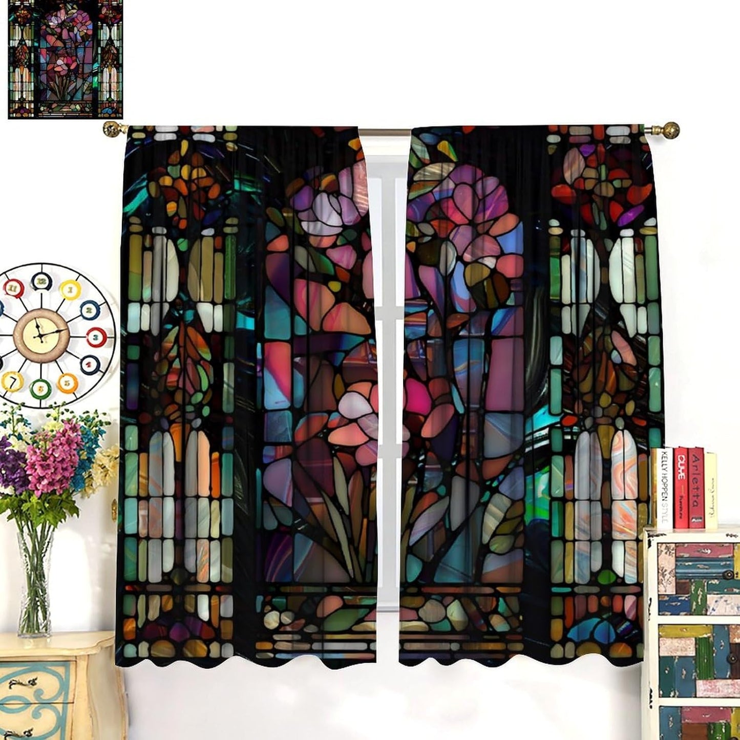 Stained Glass Curtains,Vintage Colorful Abstract Art Home Decor Drapes for Bedroom Living Room Kitchen Window Treatment 2 Panels Set Total Size 72" W X 63" L Inch