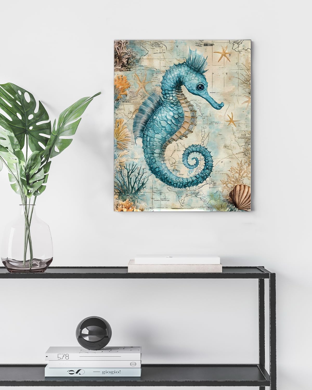 Nautical Seahorse Canvas Wall Art Sea Horse Ocean Theme Print Poster Coastal Framed Picture Painting for Home Beach House Bedroom Wall Decor 8x10 Inch