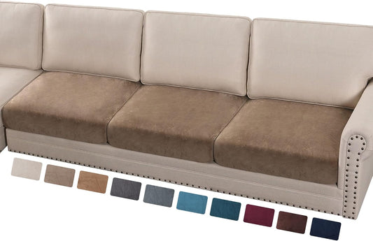 PrinceDeco Velvet Stretch Couch Cushion Cover Soft Cushion Slipcover for Chair Loveseat Sofa Cushion Furniture Protector Seat Cushion Sofa Cover (3 Piece XL Sofa Cushion Covers, Taupe)