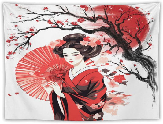 Japanese Red Geisha Tapestry Asian Cherry Blossom Traditional Kimono Folk Tapestries Home Decor for Living Room Bedroom Apartment Farmhouse Dorm 60"x40"