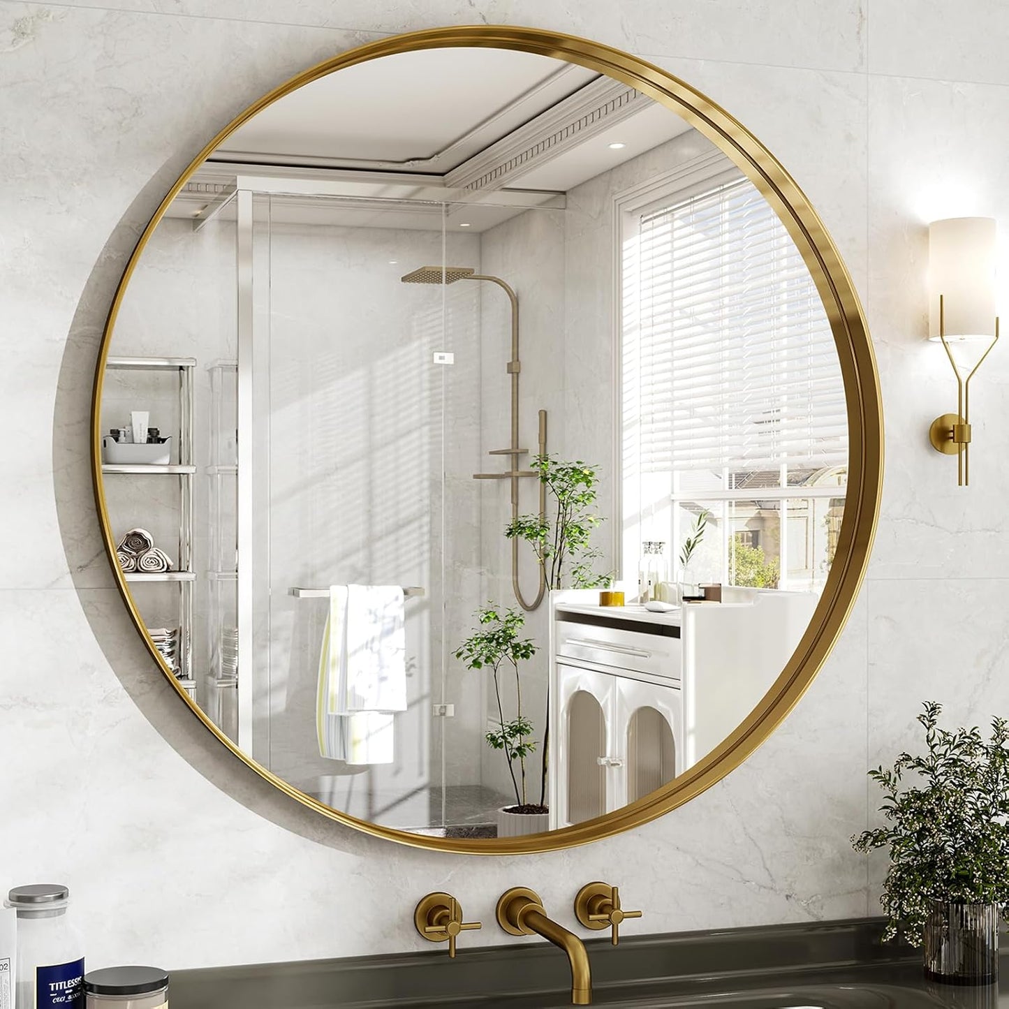 48 Inch Round Bathroom Mirror - Wall Mounted Circle Mirror with Metal Frame, Modern Mirror Suitable for Bathroom, Vanity, Entryway, Living Room, Wall Decor,Gold
