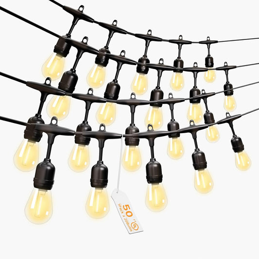 Outdoor Safety String Lights 50FT - 24V 20W Commercial Grade Low Voltage Strand with 20 S14 Shatterproof Bulbs for Tree Garden Yard | Warm Yellow 3500K Party Lights | IP65 Waterproof | UL Listed