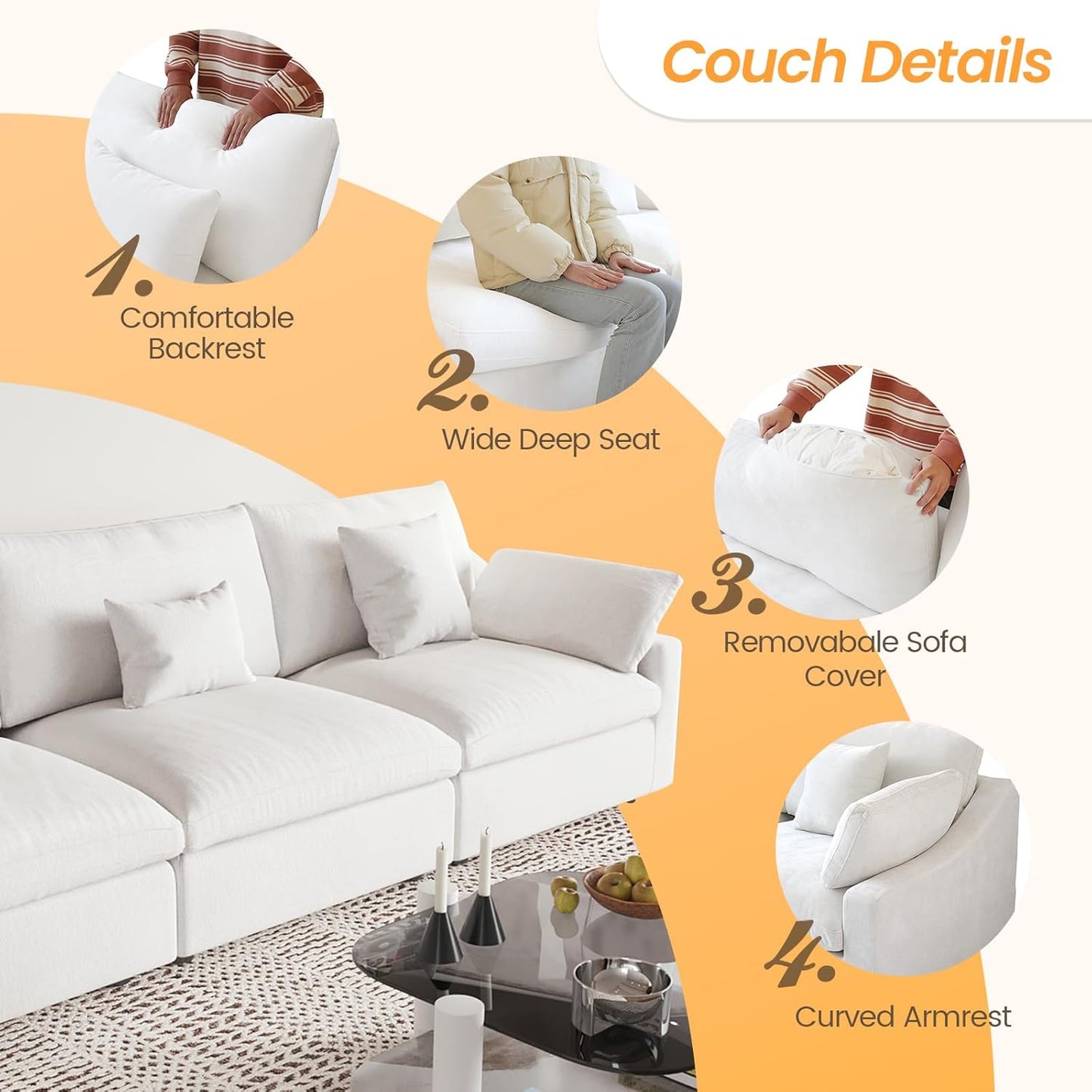 JACH Sectional Couches for Living Room, 3 Seater Cloud Sectional Couch with Deep Seat, Down Filled Modular Sofa, Covers Removeable & Washable, Sofas Furniture for Living Room, White