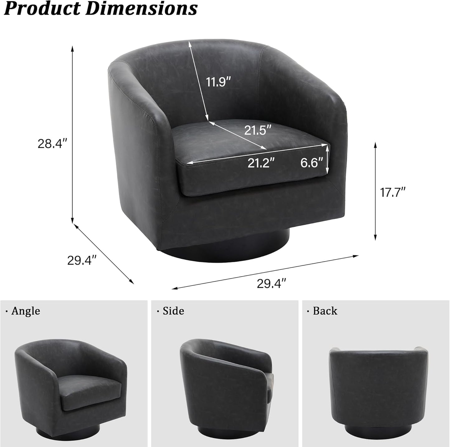 Swivel Barrel Accent Chair, Modern Round Faux Leather Arm Chair for Living Room, Bedroom, Comfy Club Reading Chairs for Adults(Faux Leather, Black Grey, Set of 4)