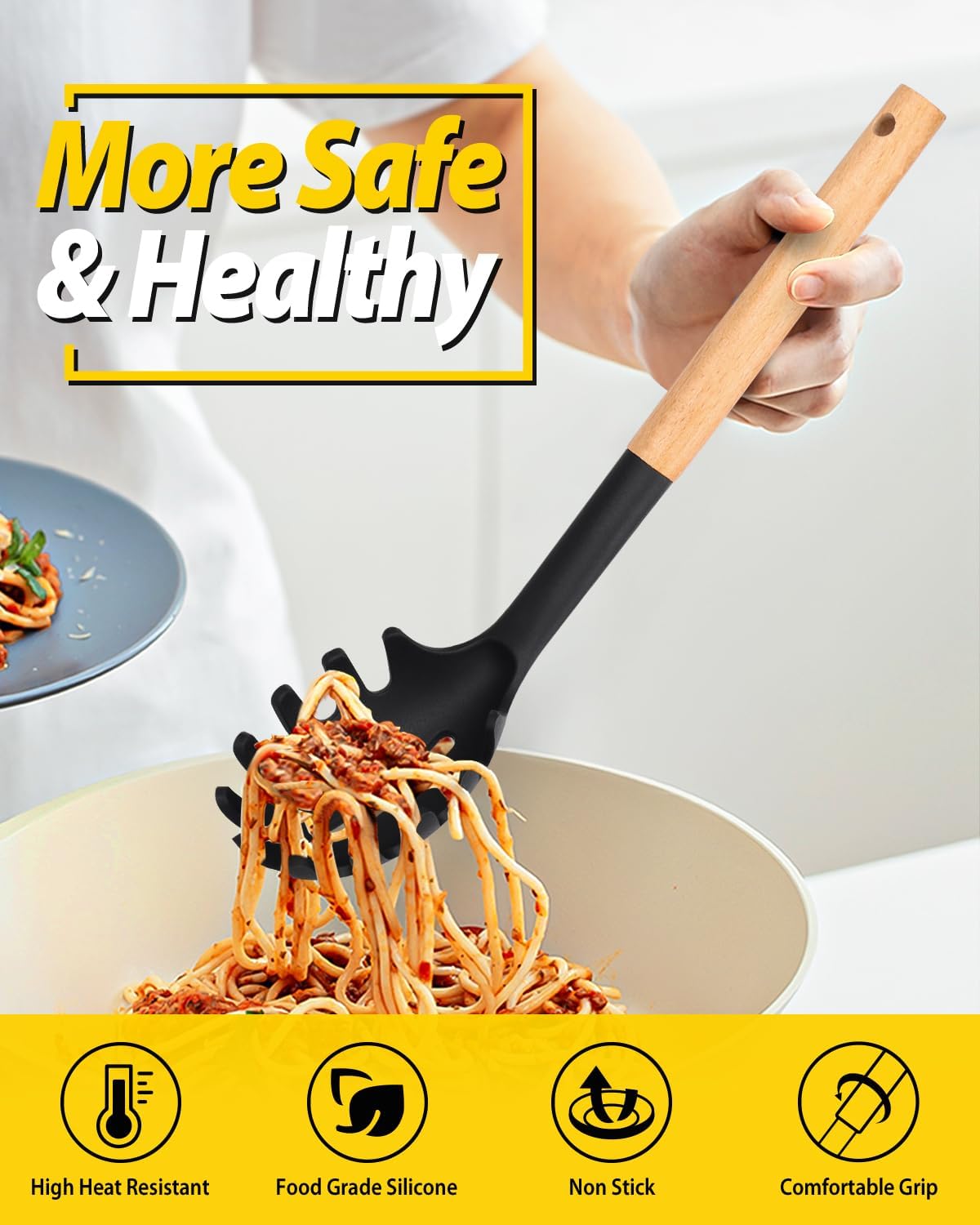 Silicone Pasta Fork and Ladle Spoon Set with Wooden Handle, Heat Resistant Non Stick Kitchen Utensils for Cooking, Stirring, Serving Spaghetti, Soup, Sauce(BLACK)