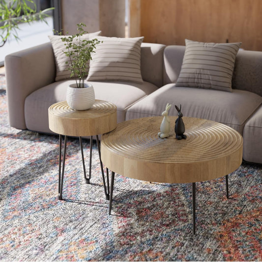 Relso Aspen Round Nesting Coffee Table Set of 2 – Solid Wood Nesting Tables with Metal Legs, Natural Finish | End Table with Ring Pattern | Modern Accent Tables for Living Room, Boho, Farmhouse Decor