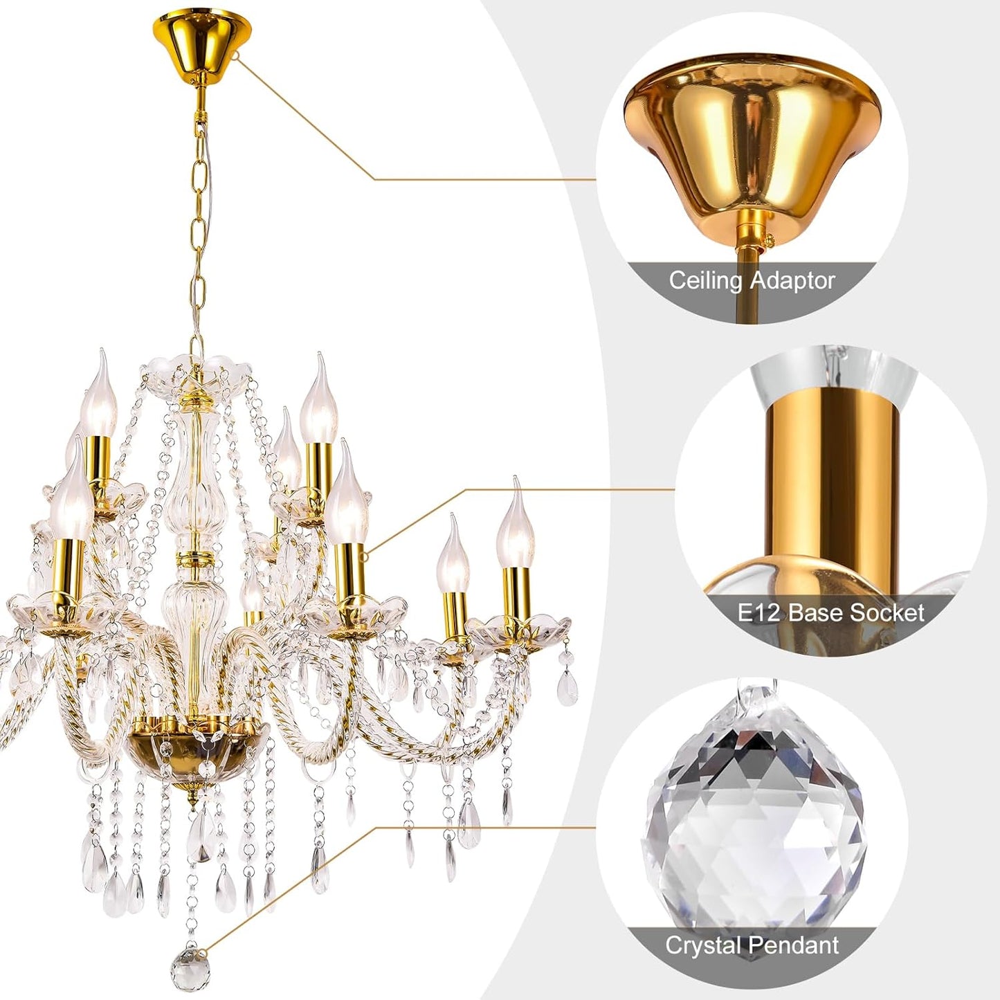 Modern Elegant 8 Lights K9 Crystal Glass Chandelier Golden Pendant Ceiling Lighting European Style for Dining Living Room Bedroom Transparent, 8 E12 Bulbs Required