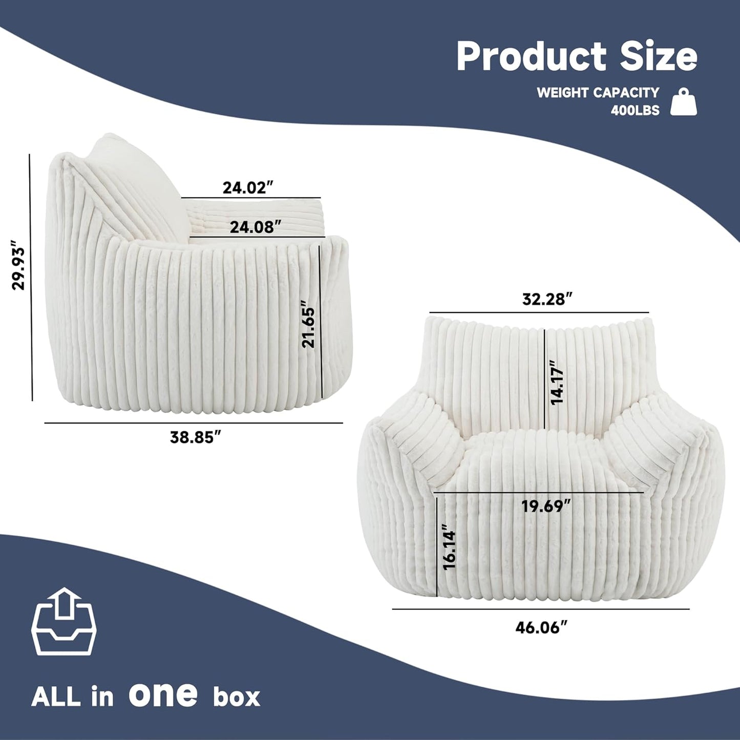 Oversized Bean Bag Chair for Adults, Giant Comfy Plush Boneless Bean Bag Couch with Filler for Kids - Reading Chair for Living Room, Bedroom & Dorm, Single Accent Chair Floor Lounger, Beige