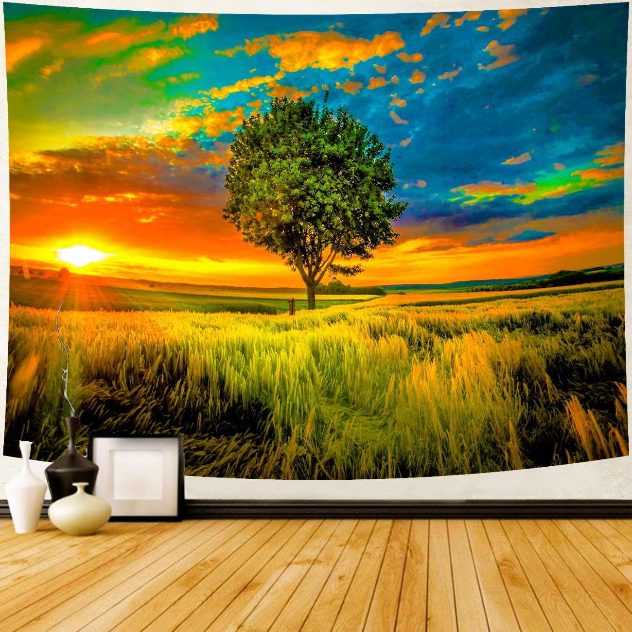 Delur Sunset Tree of Life Tapestry Forest Nature Landscape Wall Hanging Tapestry Scenic Tree Woodland Natural Sunrise Headboard for Bedroom Living Room Home Decor (59.1" x 78.7")