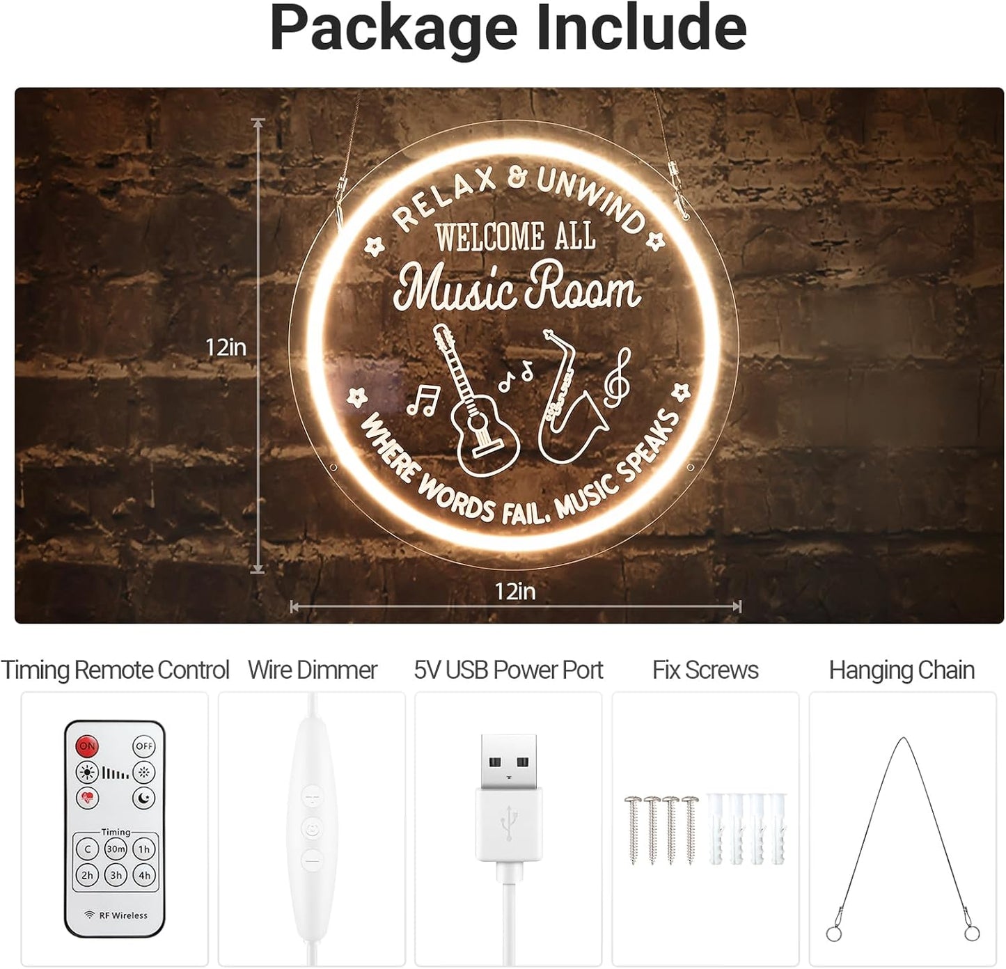 Live Music Neon Sign for Music Studio, Guitar LED Light Up Signs for Wall Decor, 3D Art Dimmable Neon Light USB for Bedroom Game Room Man Cave Party Aesthetics Decor, 12x12 Inch