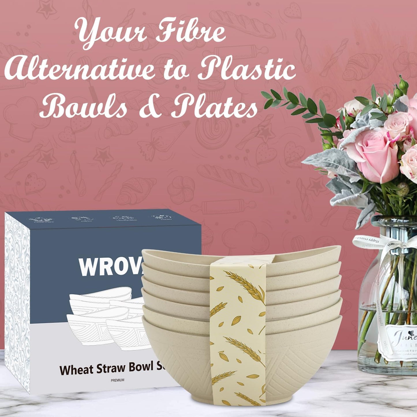 65oz Big Wheat Straw Bowls - Large Salad Bowls set of 6 - Unbreakable Serving Bowl Sets - Microwave & Dishwasher Safe Bowl Sets for Cereal,Salad,Fruit - Beige