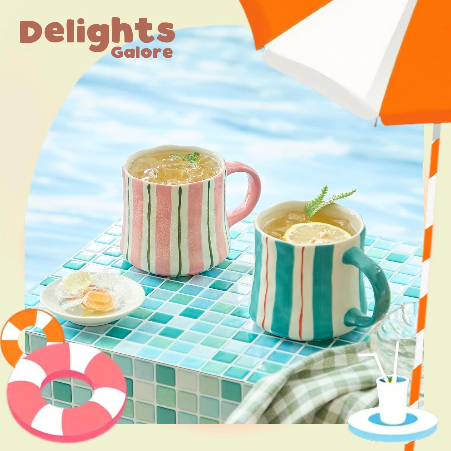 Striped Ceramic Coffee Mugs Set - 2 Pack, Pink & Green，Perfect for Morning Brew or Tea and Cocoa - for Coffee Lovers