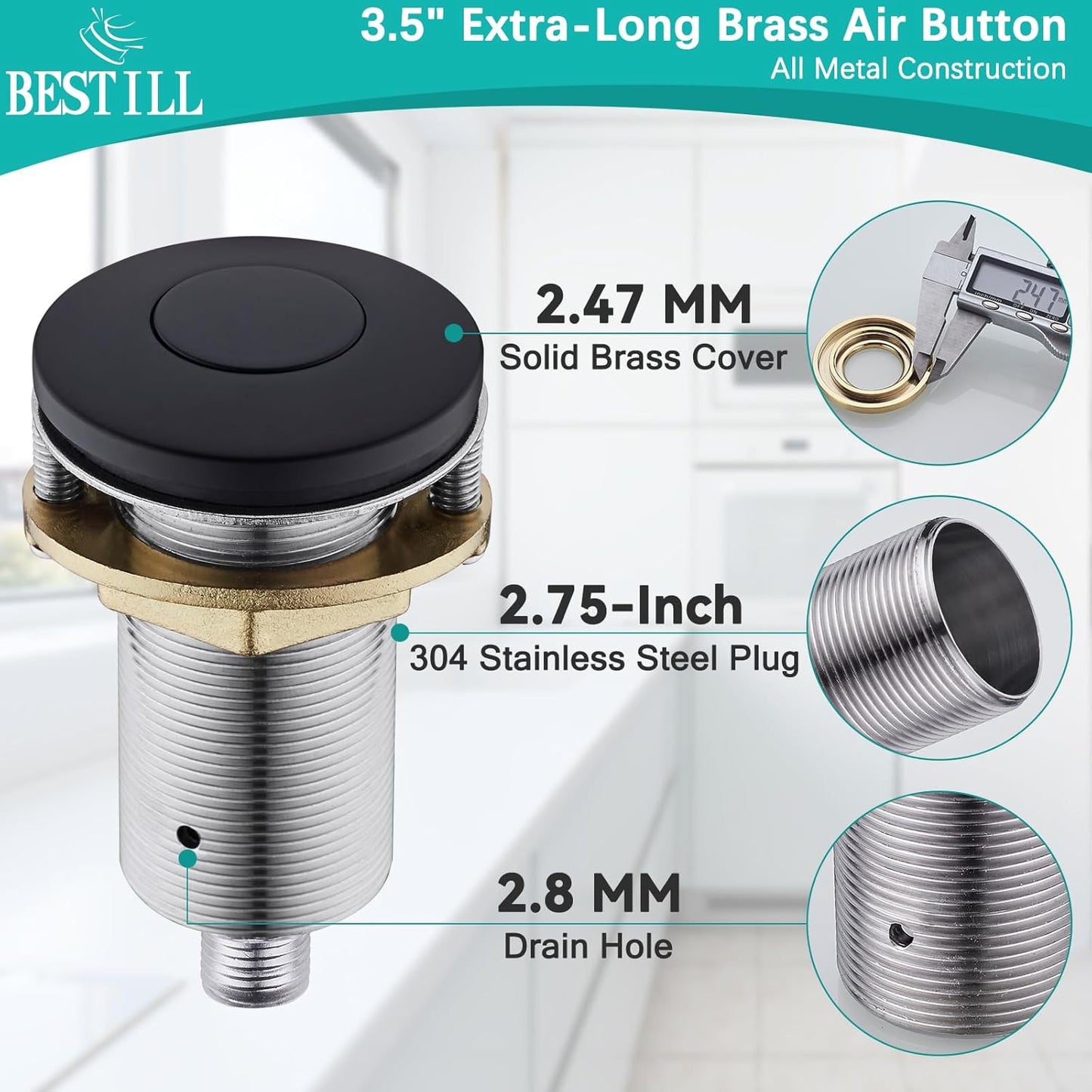 BESTILL Garbage Disposal Air Switch Kit - UL Listed, Brass 3.6" Long Push Button for Waste Disposer, Cordless Sink Top Switch Button, Matte Black, Compatible with all Garbage Disposals