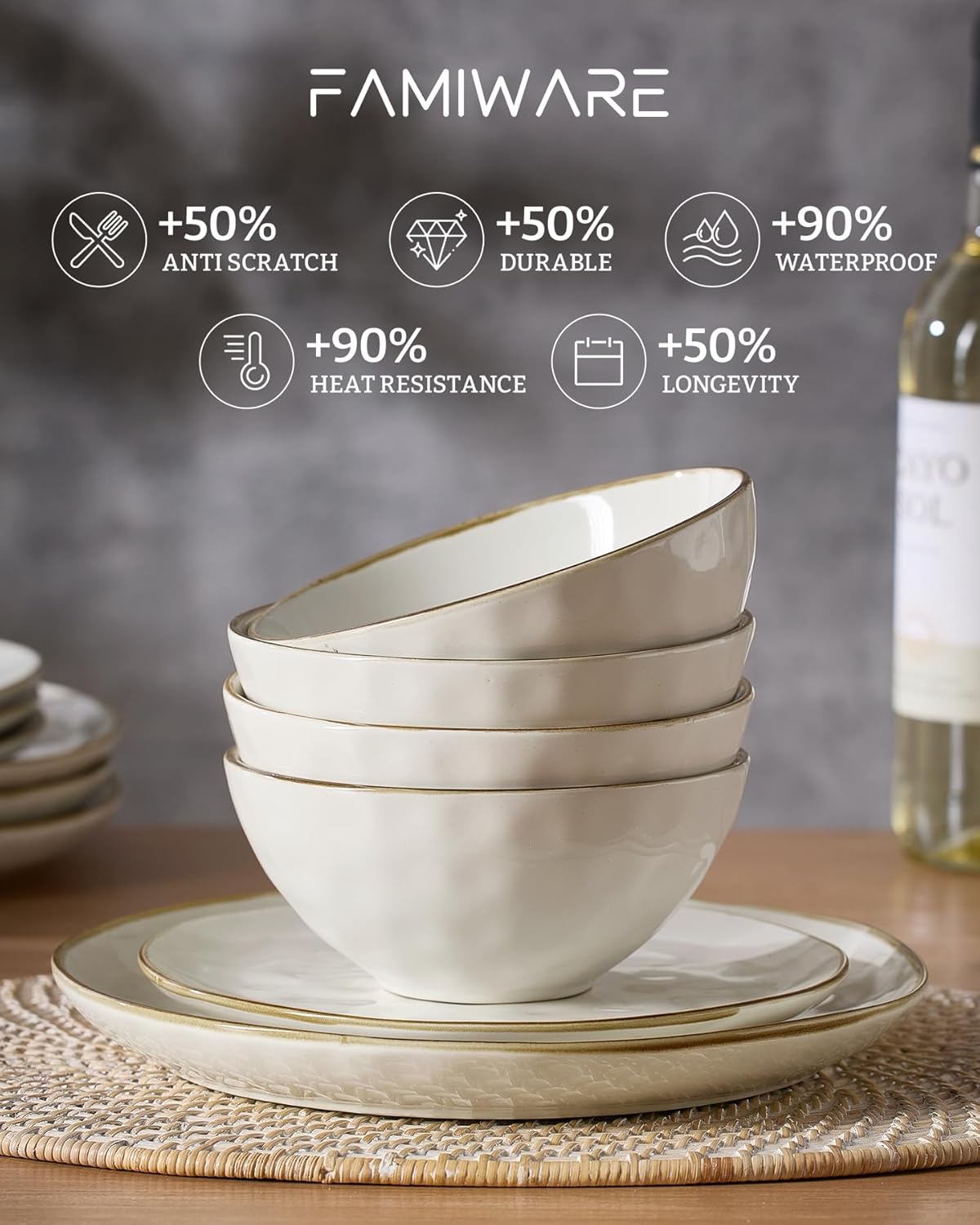 Famiware Dinnerware Sets for 8, Ocean Round 24-Piece Kitchen Plates and Bowls Sets, Microwave and Dishwasher Safe, Scratch Resistant, Vanilla White