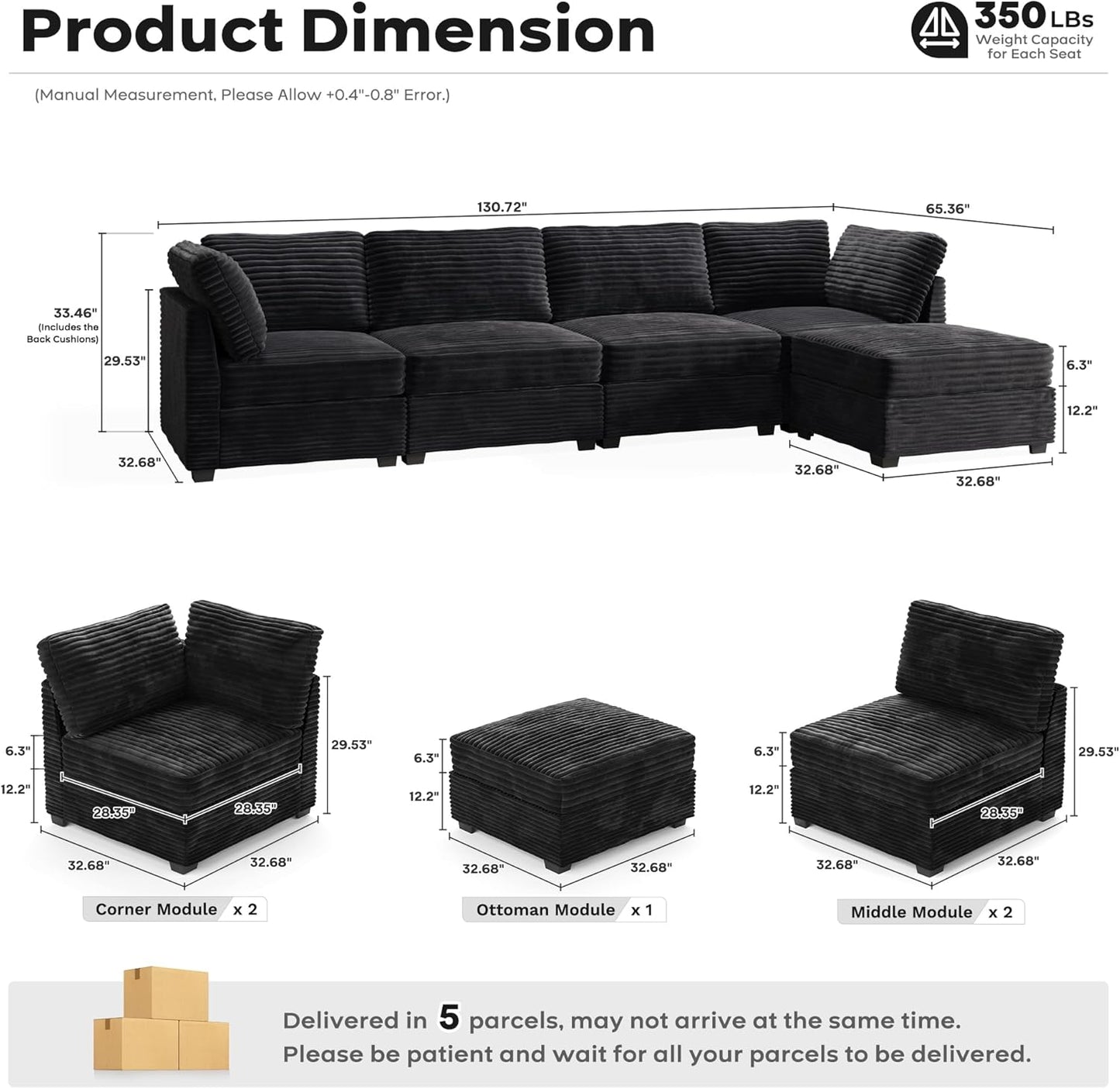 ovios Sectional Sofa Couch with L-Shape Chaise Ottoman, Comfy Modular Cloud Couches with Deep Seat, Modern Upholstered Plush Corduroy Sofas Set for Living Room, 5-Seater, Black