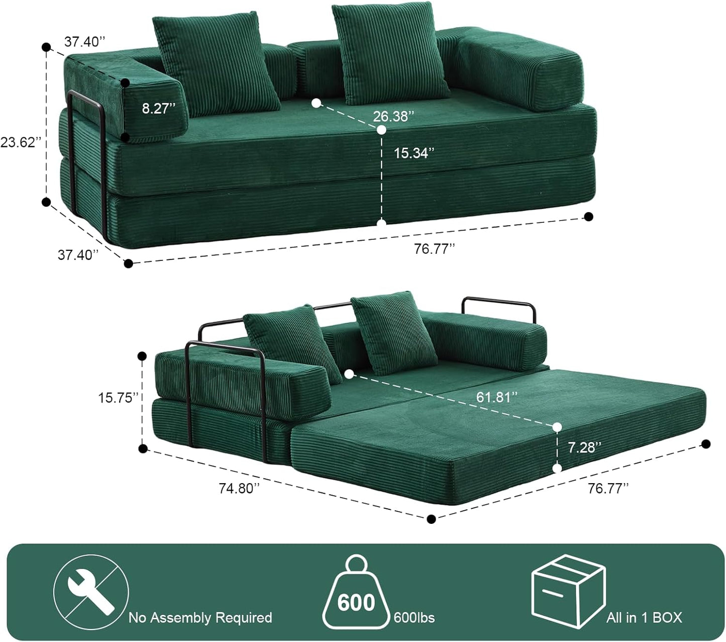 Convertible Sleeper Sofa Bed, Compression Folding Sofa with Pillow, No Assembly Required, Shape Frame, Floor Sofas Lounge Couch for Living Room, Bedroom, Small Spaces(Corduroy, 77''W, Dark Green)