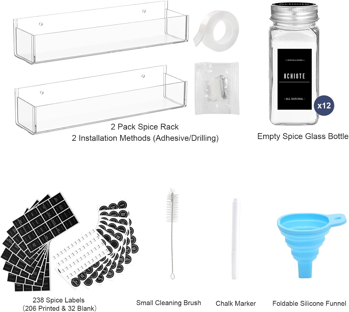 PMMASTO Adhesive Acrylic Spice Rack Organizer with 12 Empty Square Spice Jars, 238 Spice Labels with Chalk Marker and Funnel Complete Set for Kitchen Cabinet/Pantry Door (Clear - 2 Pack)