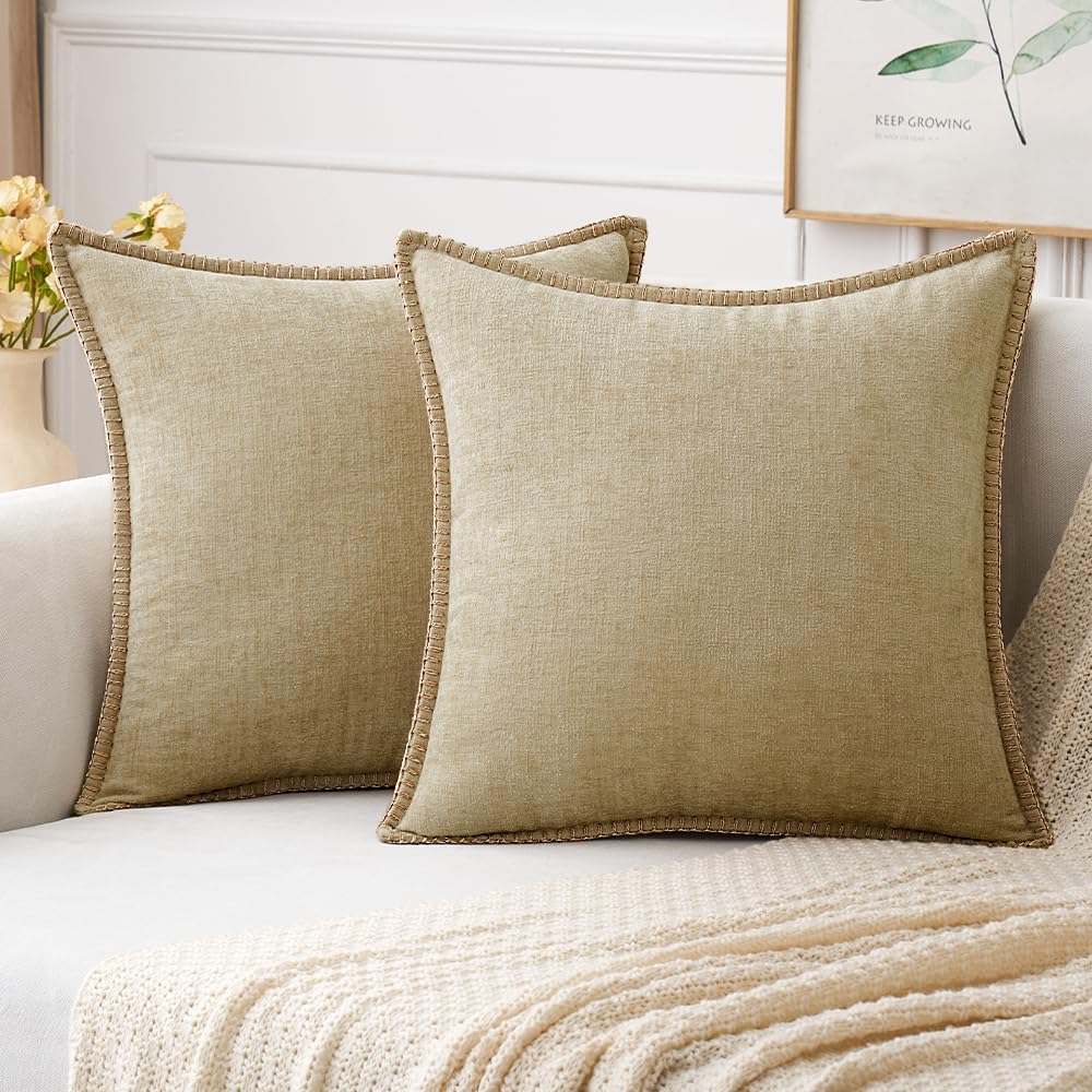 MIULEE Pack of 2 Couch Throw Pillow Covers 16x16 Inch Beige Farmhouse Decorative Pillow Covers with Stitched Edge Soft Chenille Solid Dyed Spring Pillow Covers for Sofa Bed Living Room