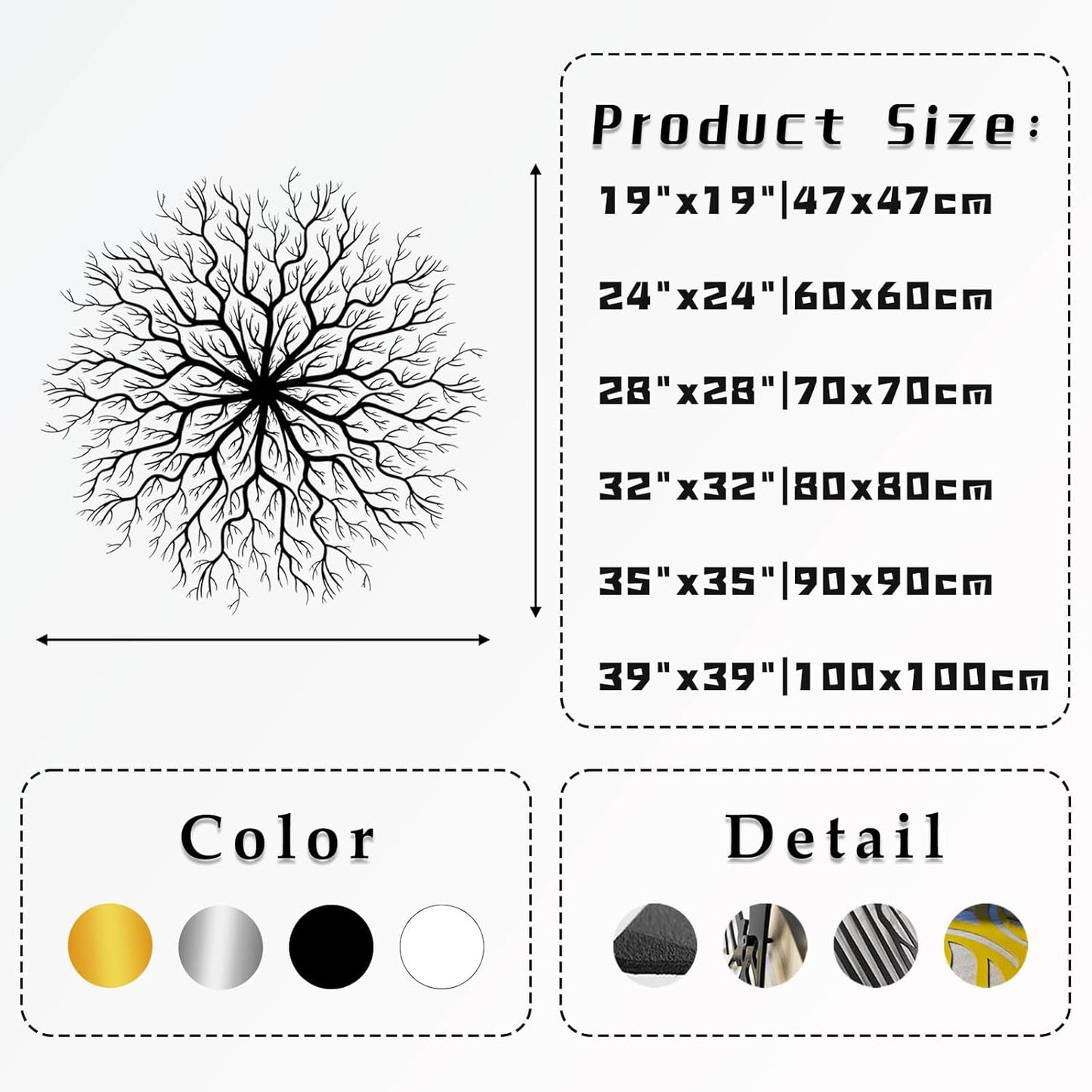 Tree of Life Metal Wall Art, Metal Tree Wall Art, Large Round Sculpture, Round Branch Wall Decor, Large Branch Artwork, Nature Sign, Wall Decor for Living Room, Housewarming Gift (White, 19"x19"|47x47cm)