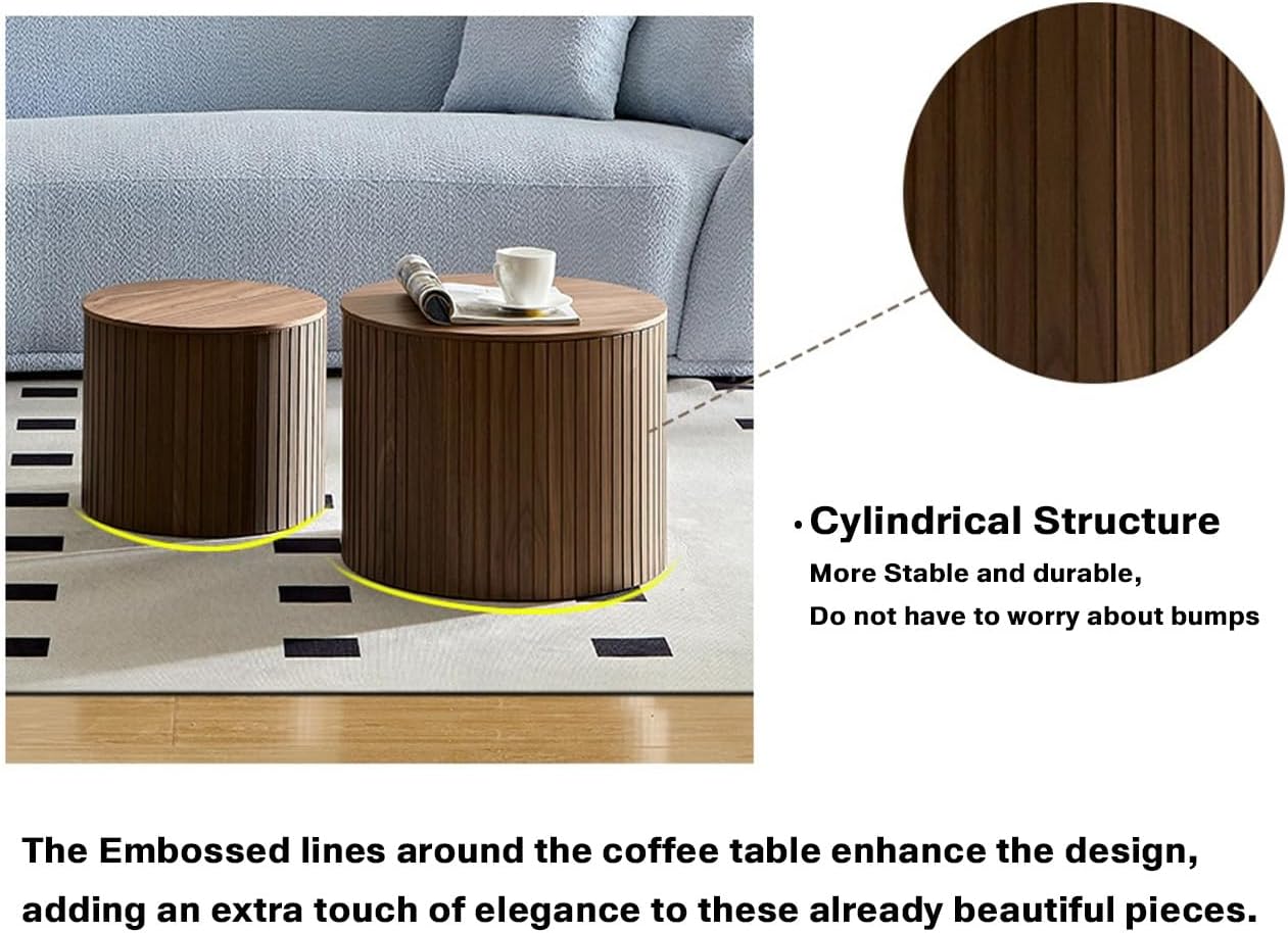 Nesting Coffee Tables Set of 2, Wooden Round Coffee Tables with Storage,Modern Circle Accent End Table Center Table for Small Spaces Living Room Bedroom Balcony Office Drum Side Table,Walnut
