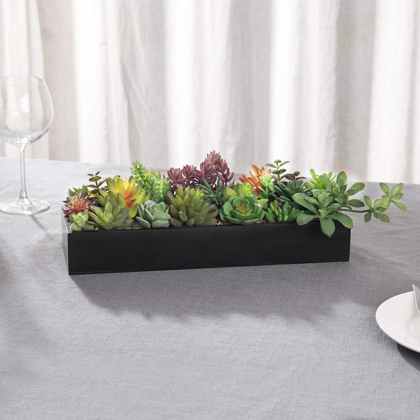 MyGift Artificial Succulent Centerpiece,15.75 Inch Faux Succulents Arrangement Plants in Sleek Black Wooden Rectangular Planter Box