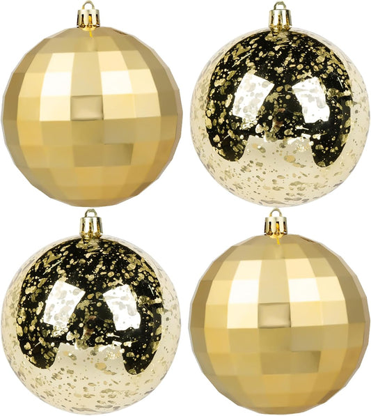 XmasExp Large Christmas Ball Ornaments,4pcs Gold Giant Shatterproof Plastic Hanging Mercury Xmas Ball Decorations Christmas Tree Ornaments (Gold, 4")