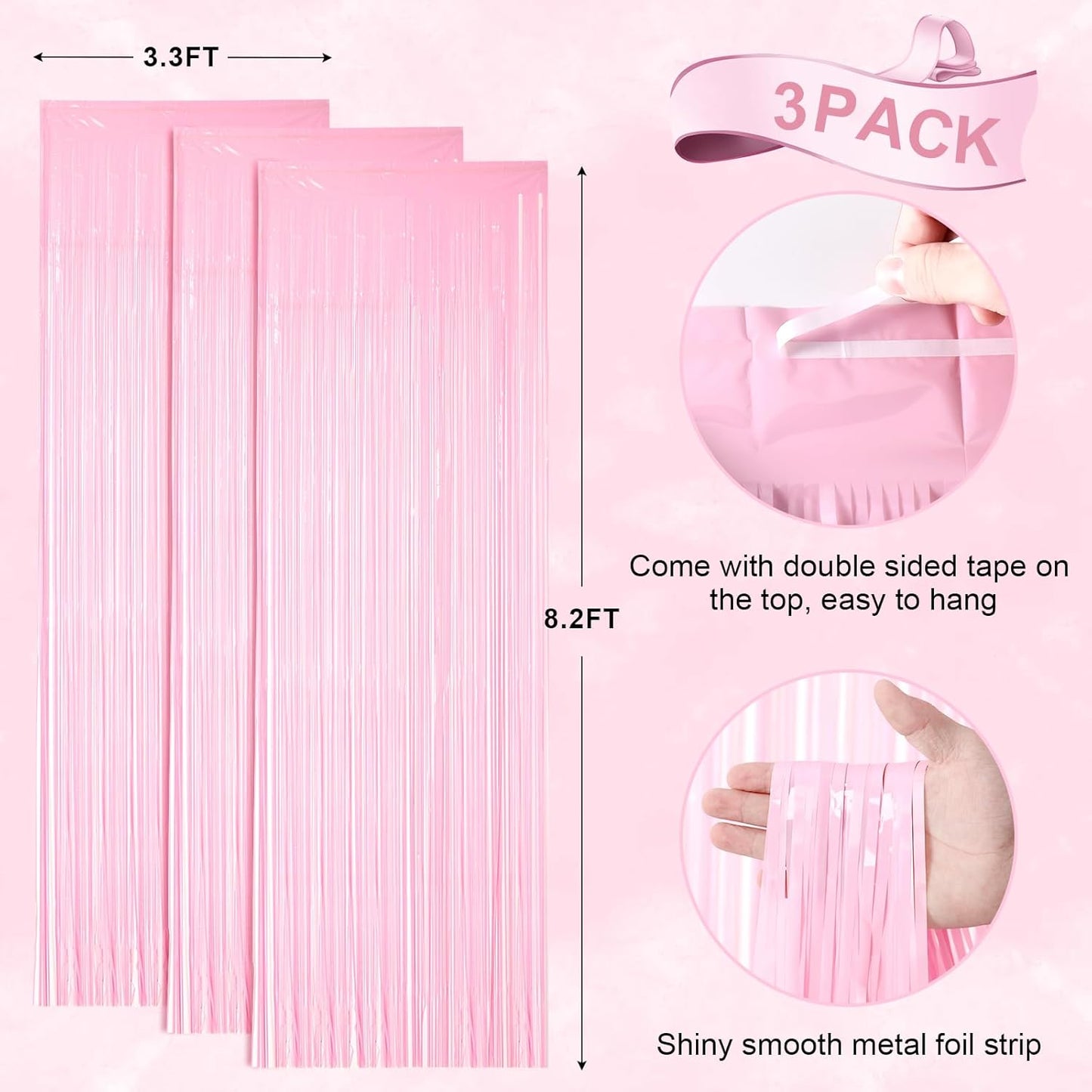 3 Pack 3.3 x 8.2 ft Pasel Pink Foil Fringe Backdrop Curtains, Tinsel Streamers Birthday Party Decorations, Fringe Backdrop for Graduation, Baby Shower, Gender Reveal, Disco Party