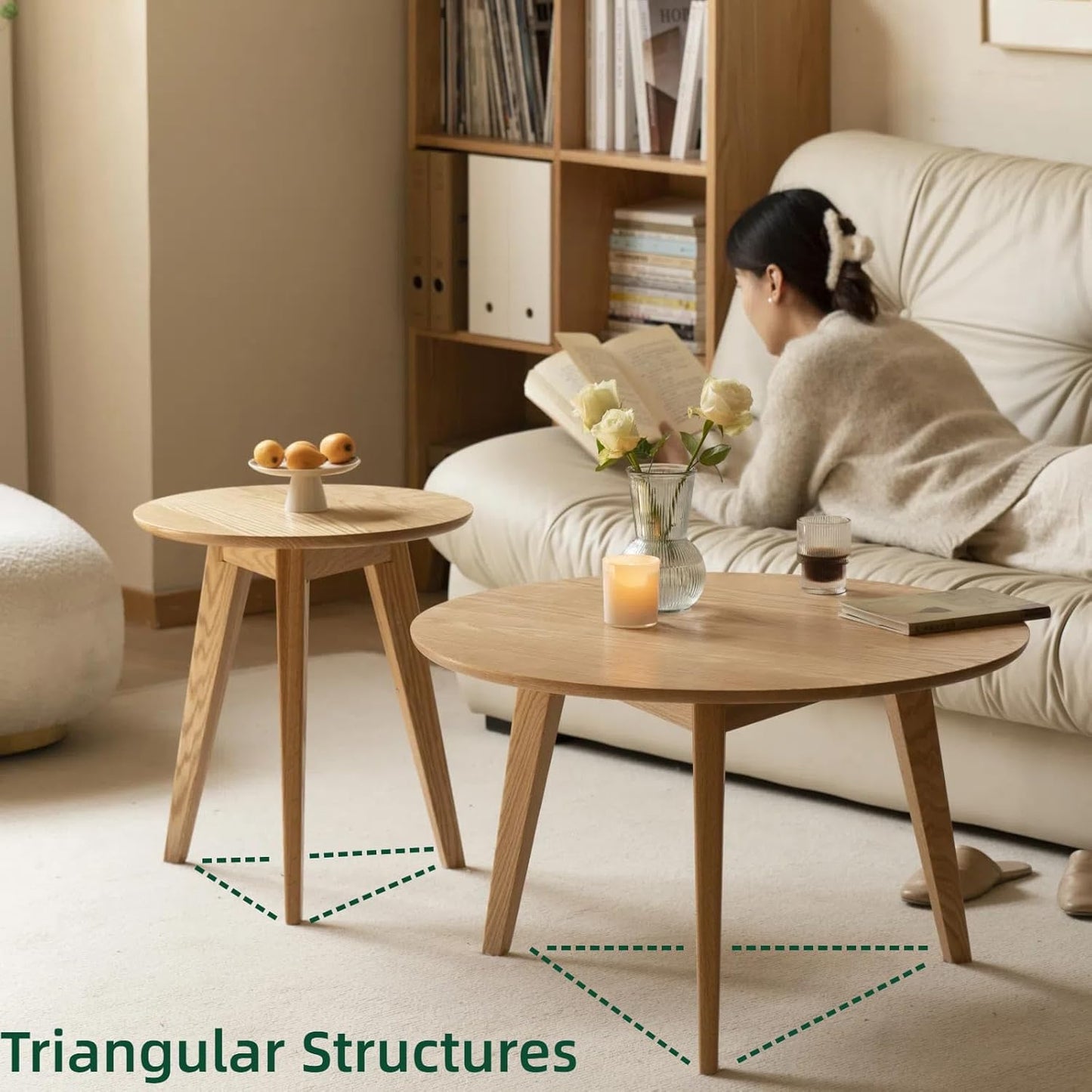 100% Solid Oak Wood Coffee Table Set, Round Coffee Table Combo Side Table w/Solid Wood Legs, Mid Century Table Sturdy Tables for Bedroom Balcony Living Room (Natural, 3 Pieces)