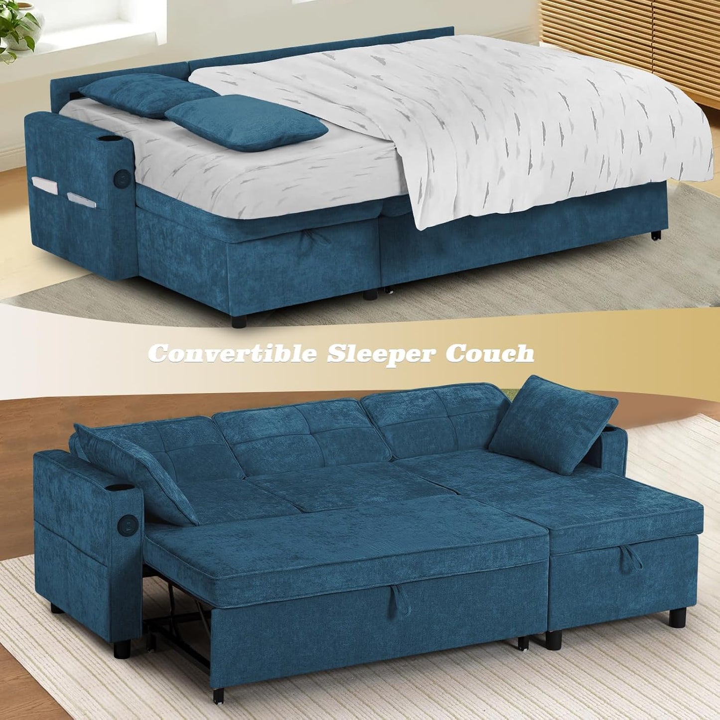 84 Inches Chenille Sectional Sofa w/Pull-Out Sofa Bed & Adjustable Back, Tufted L-Shaped Couch w/Storage Chaise, Sleeper Sectional Sofa w/USB Port & Cup Holders for Living Room, Blue