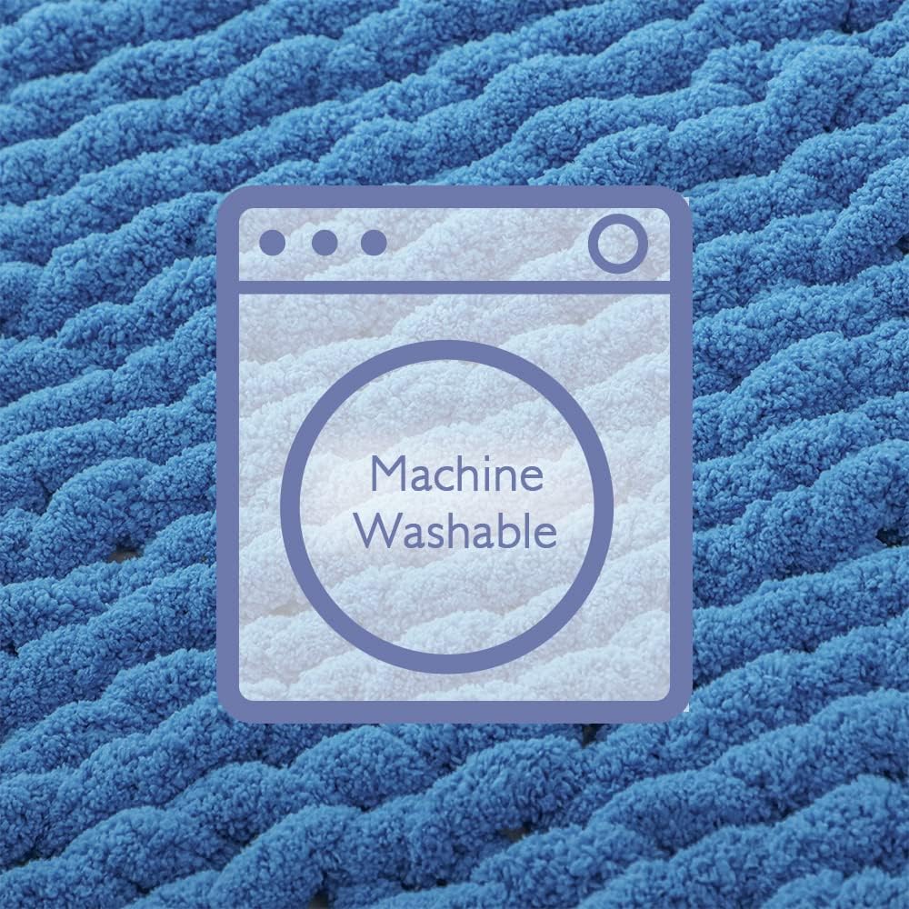 Bigacogo Chunky Knit Throw Blanket for Couch, 51x63 inches, 100% Hand Knitted with Thick Jumbo Chenille Yarn, Cozy Soft Large Rope Knot Cable Crochet Blankets for Sofa Bed Living Room, Bright Blue