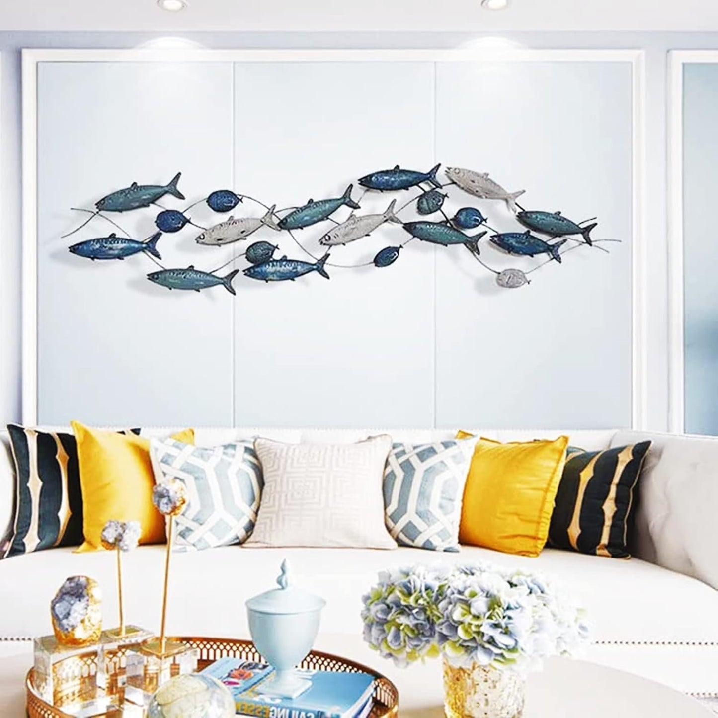 edaknez Large Fish Wall Art, Coastal Nautical Decor, Outdoor Indoor Metal Wall Art, School of Fish Wall Sculpture, for Living Room, Bedroom Beach or Boat Decor (55 x 13 inch)