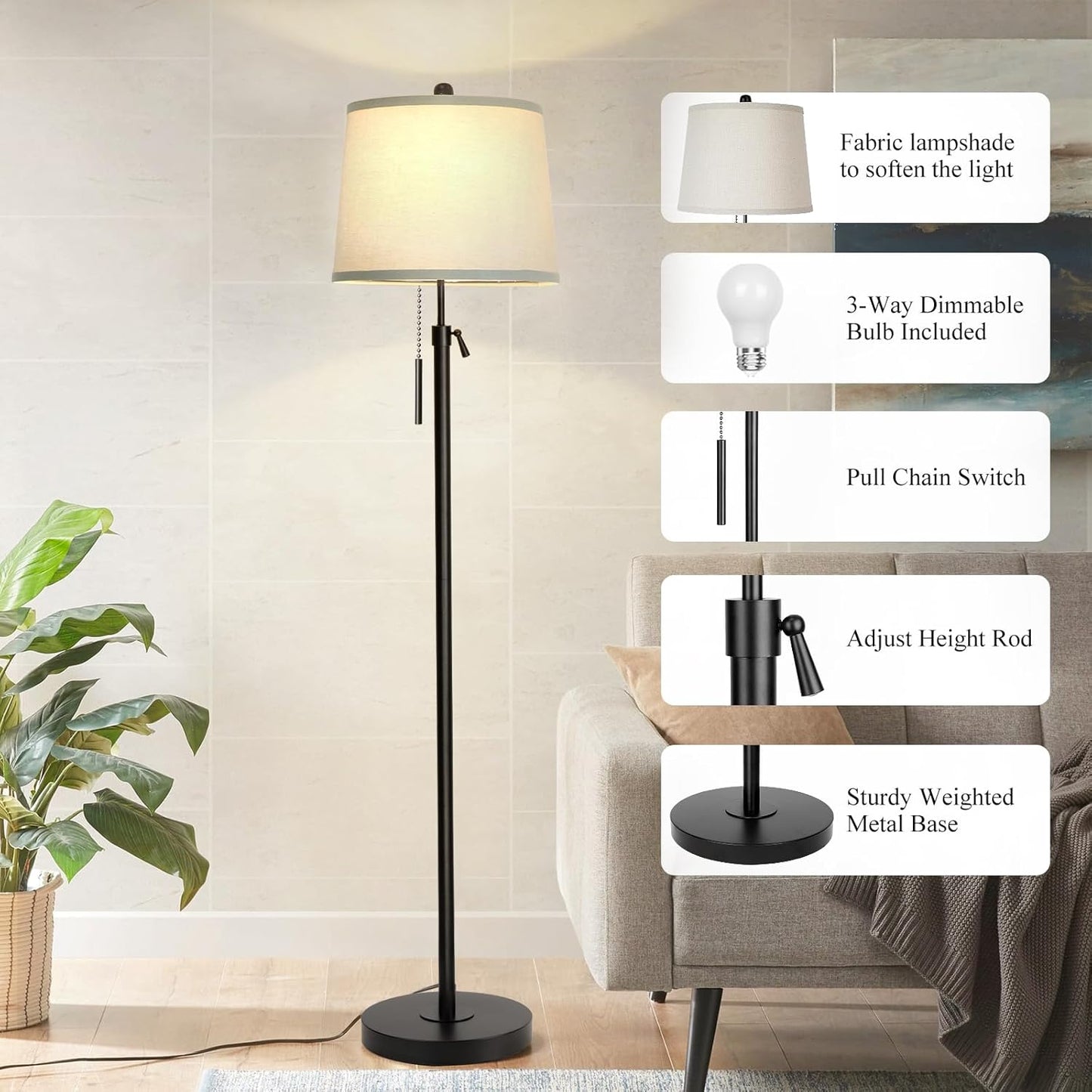 Floor Lamps for Living Room, Black Floor Lamp Adjustable Height Standing Lamp, Dimmable Modern Tall Floor Lamp for Bedroom Office with Beige Linen Shade, 8W 3000K Bulb Included