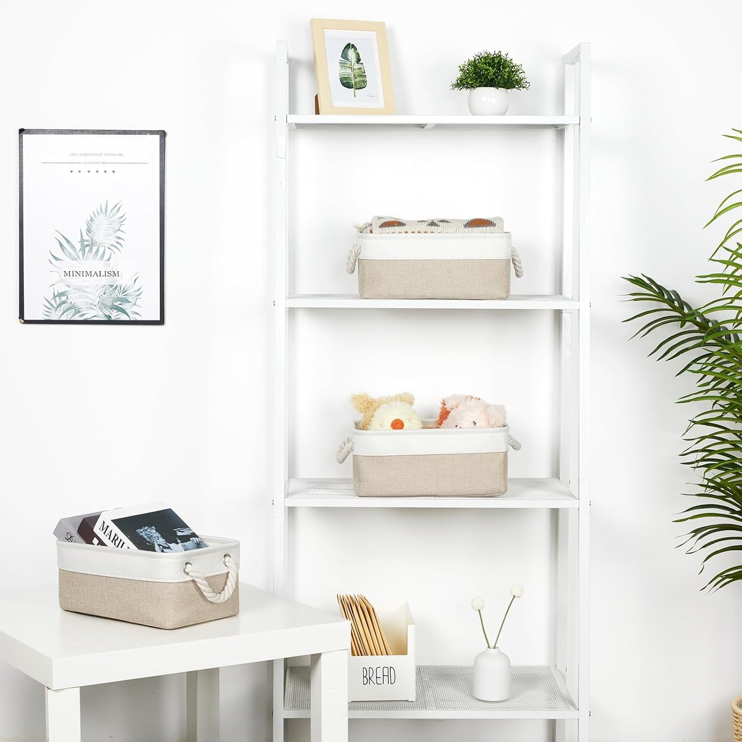 Bidtakay Small Baskets Fabric Storage Baskets for Organizing 3-Pack 12x8x5 Inch Collapsible Storage Bins for Shelves Canvas Bins for Closet Organization Baskets Storage Linen Closet S-White&Beige