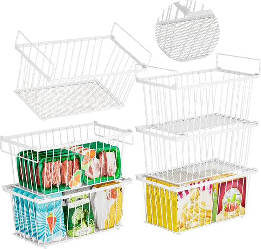 6 Pack Stackable Deep Freezer Organizer Bins ，Upgraded Bottom Leak-Proof net，Encryption and Hardening ， Freezer Organizer Bins for 5 to 9 Cu.FT Small Chest Freezer， Easy Get Bottom Foods